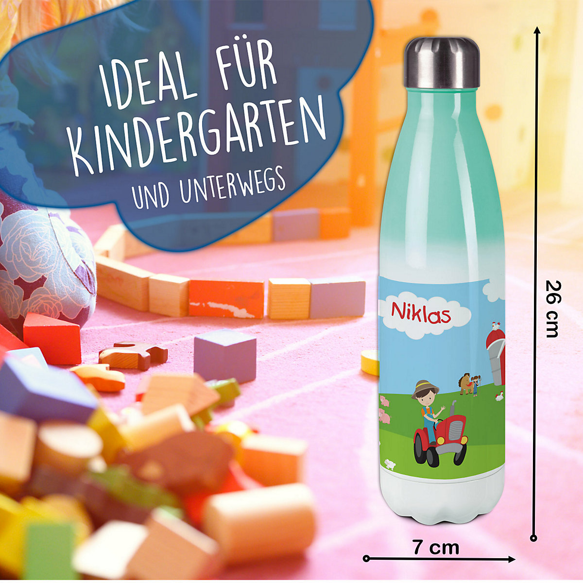Edelstahl Kinder Thermoflasche / Trinkflasche bunt Bauernhof Spülmaschinenfest, Auslaufsicher, Bruchfest, Doppelwandig, Für Heißgetränke geeignet, Mit Deckel, Isoliert
