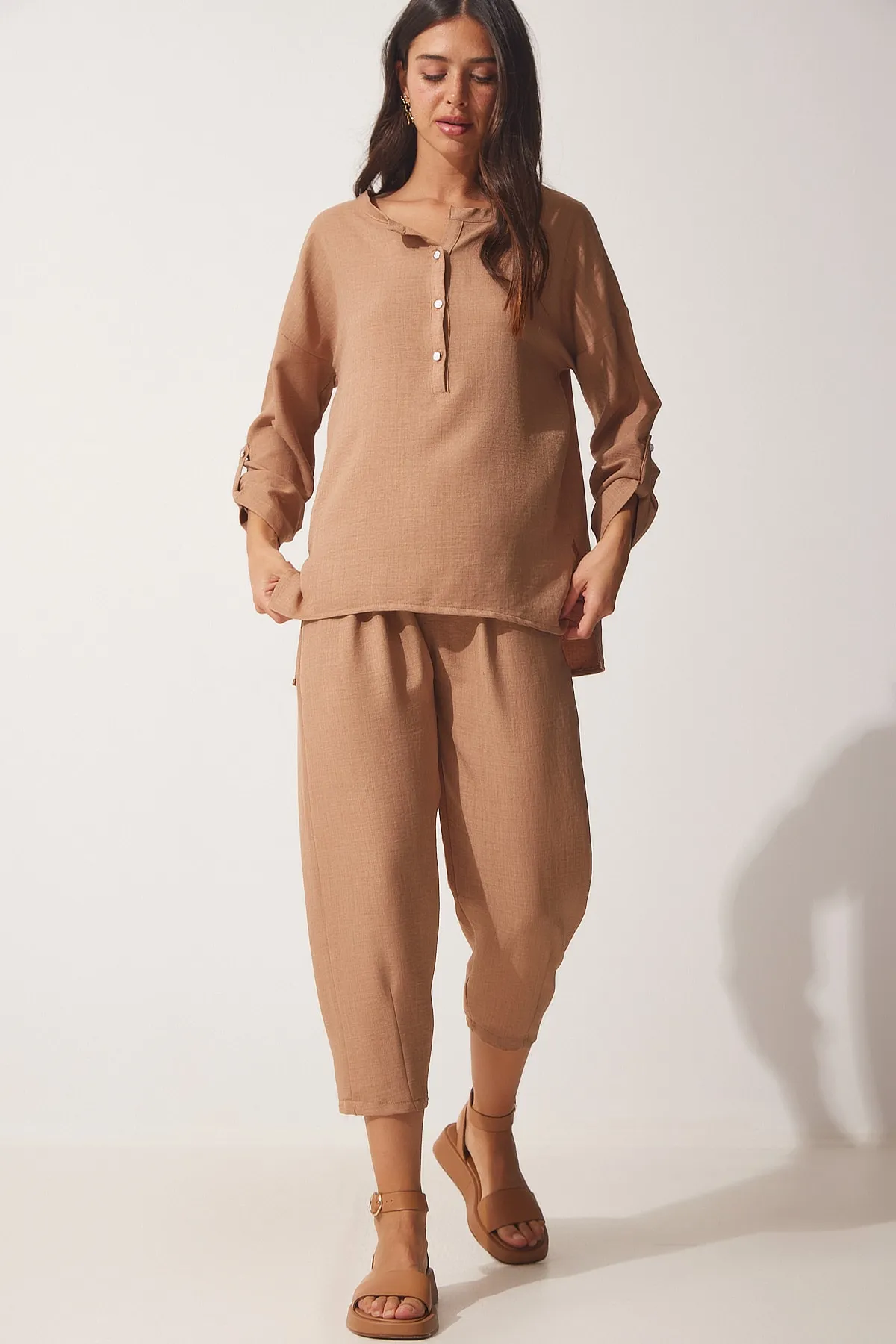 Happiness İstanbul  Damen Biscuit Fließende Ayrobin Bluse Baggy Hose Anzug DP00183