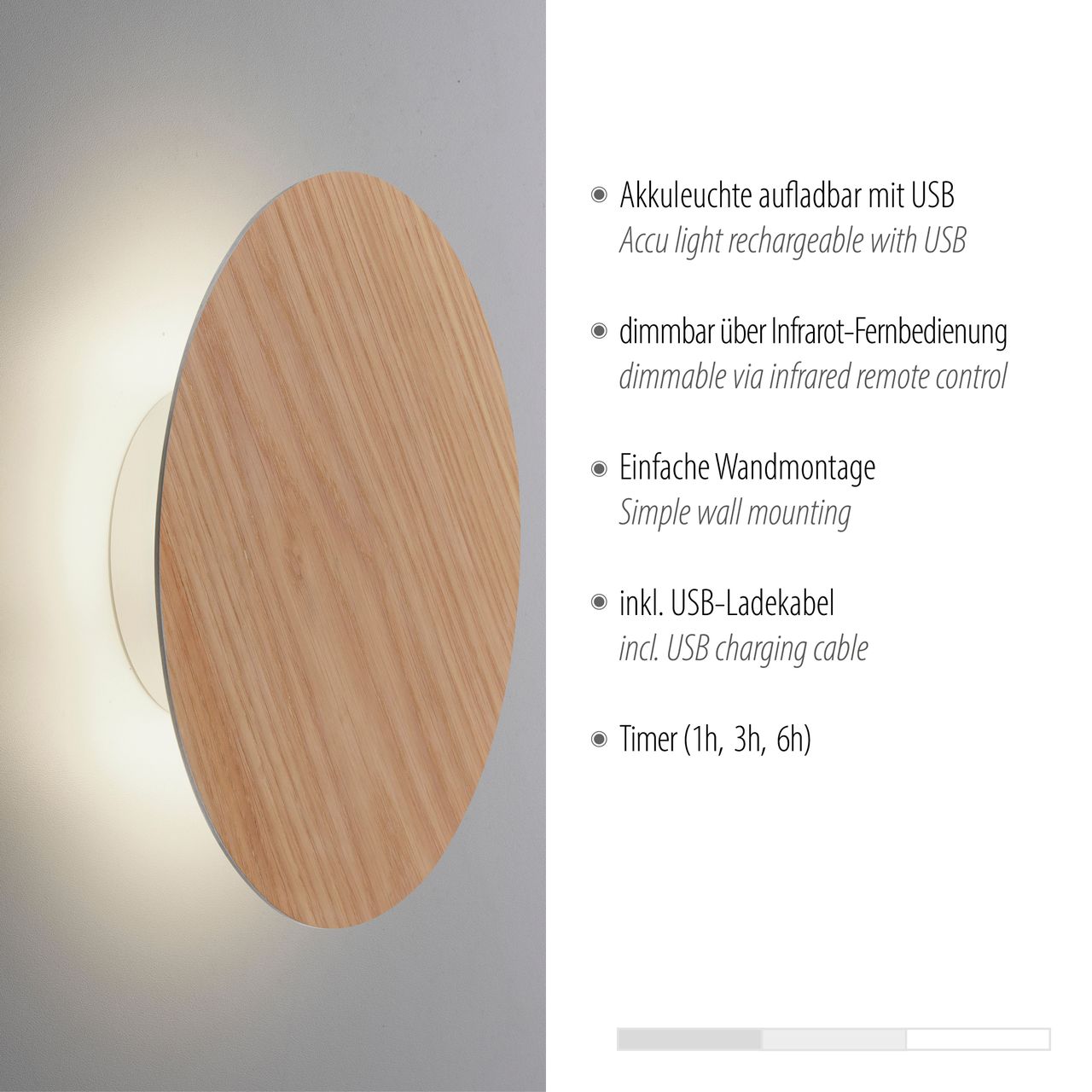 Paul Neuhaus LED Wandleuchte AKKU PUNTUA, Akkubetrieb, Klettverschluss, Holz-natur