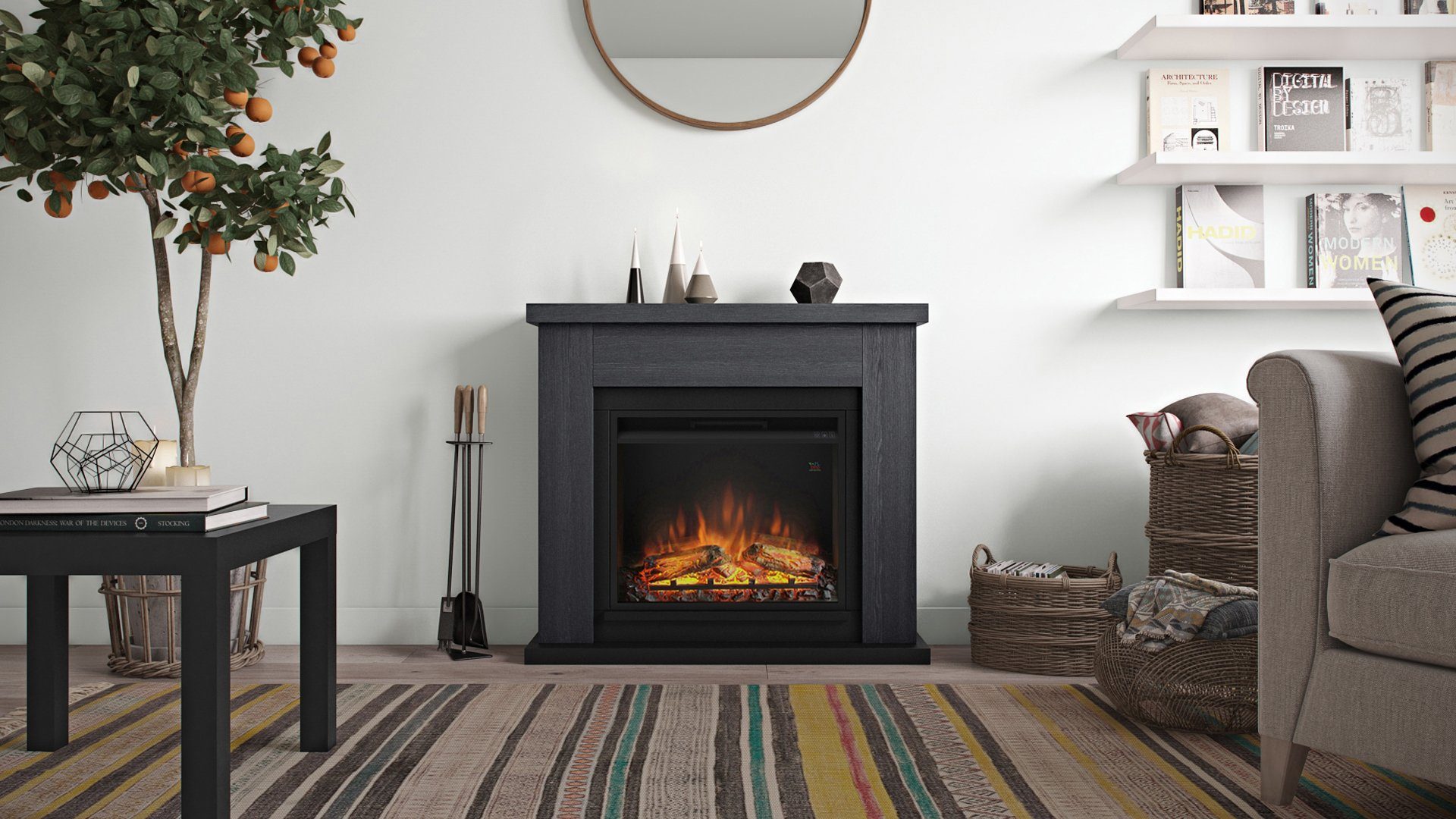 TAGU Elektrokamin Frode Aschgrau Elektrokamin mit 23 Zoll Powerflame Fernbedienung