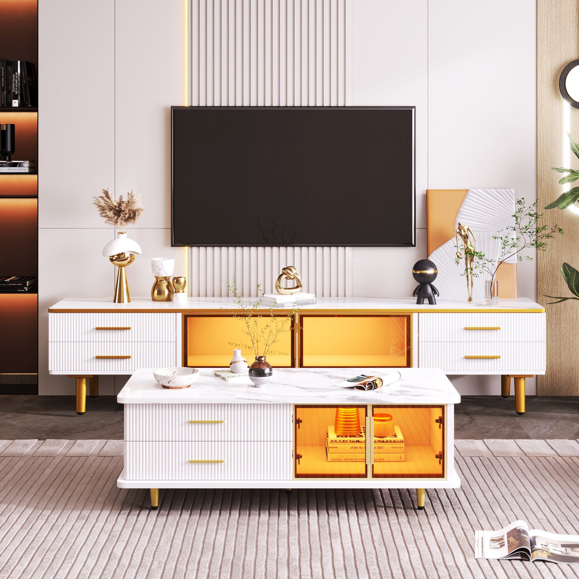 HAUSS SPLOE TV-Schrank TV-Lowboards TV Schrank Fernsehschrank TV-Tisch (Fernsehschrank TV-Lowboard Sideboard Beistellschrank modern, mit 4 Strukturierte Schubladen 4 Füßen) mit Goldenen Griffen und zwei Braune Türen aus Gehärtetem Glas