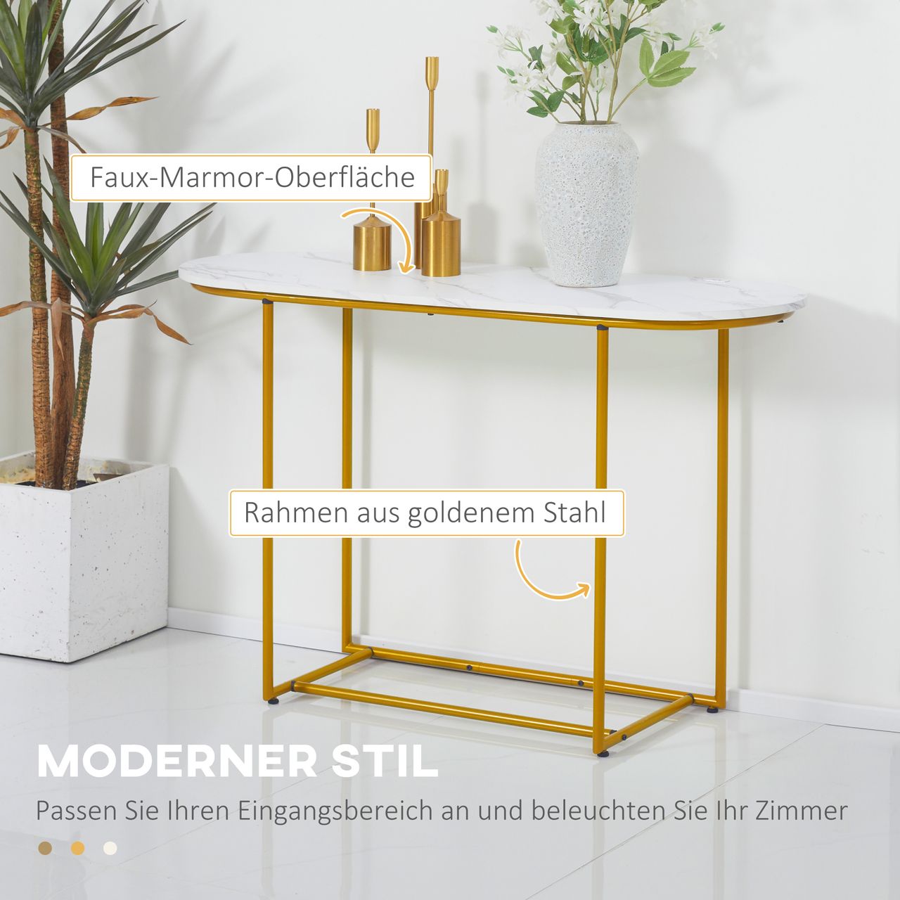 HOMCOM Konsolentisch Flurtisch Moderner Beistelltisch Sofatisch Stahl, Weiß Gold
