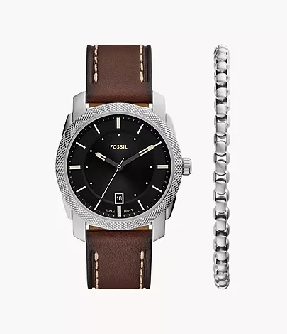 Fossil Set Armband Uhr Machine 3-Zeiger-Werk Datum Leder braun