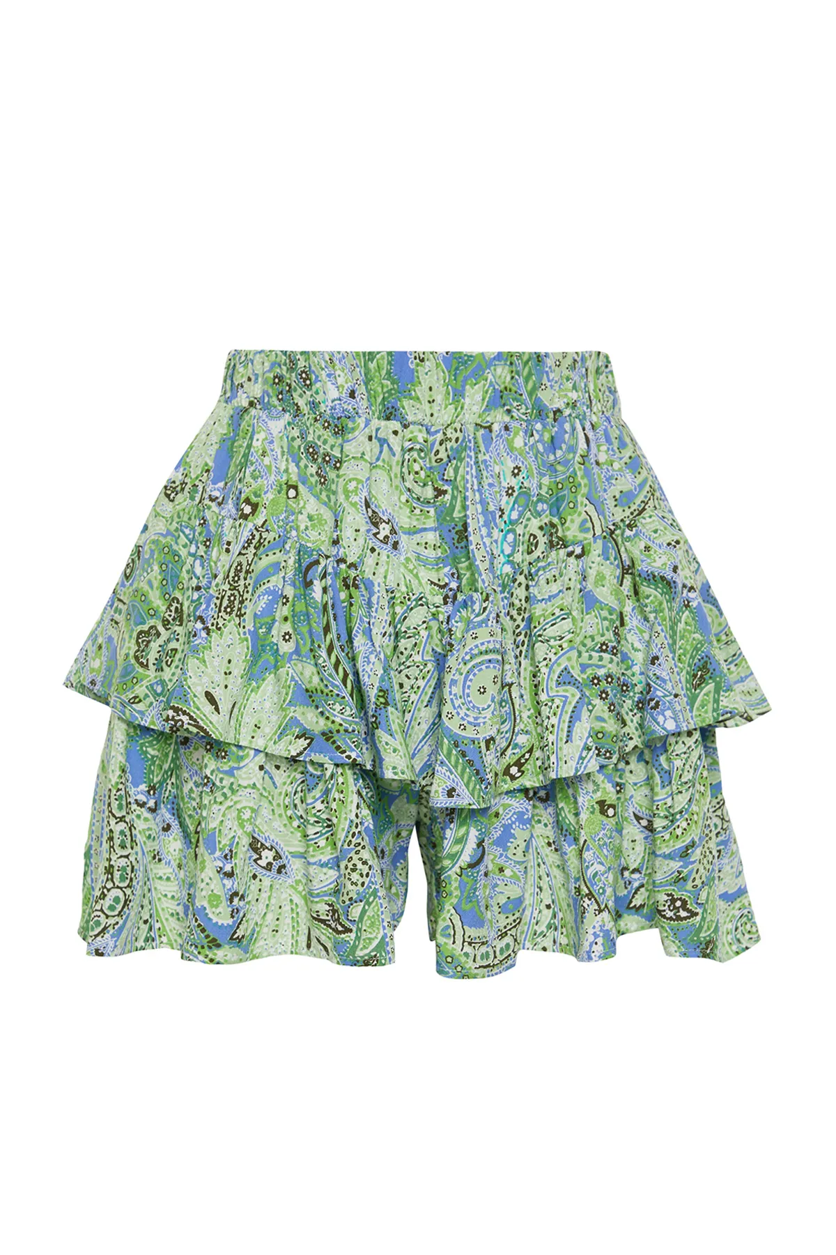 Trendyol Collection  Grüne Shorts aus Viskosegewebe mit Schalmuster, Rüschenbund und Gummidetails TWOSS24SR00053