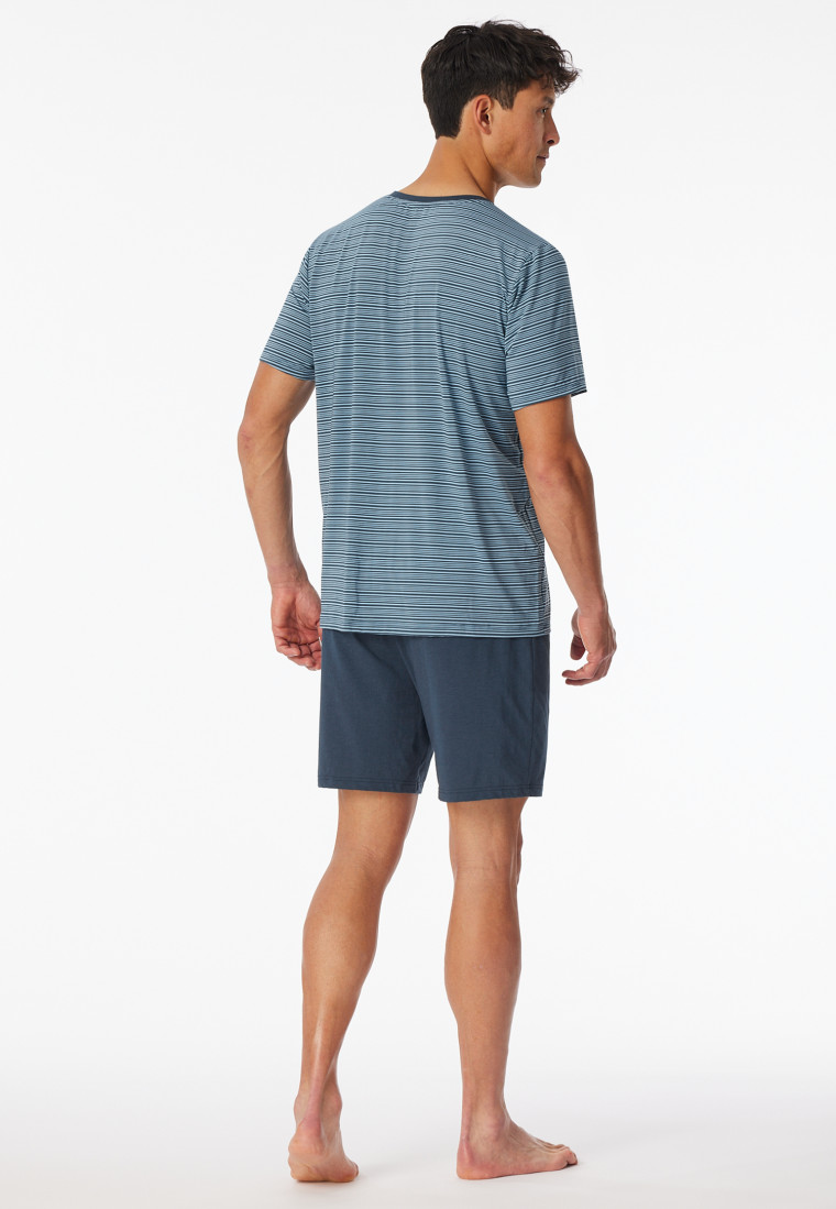 Schlafanzug kurz Ringel V-Ausschnitt jeansblau - Long Life Soft