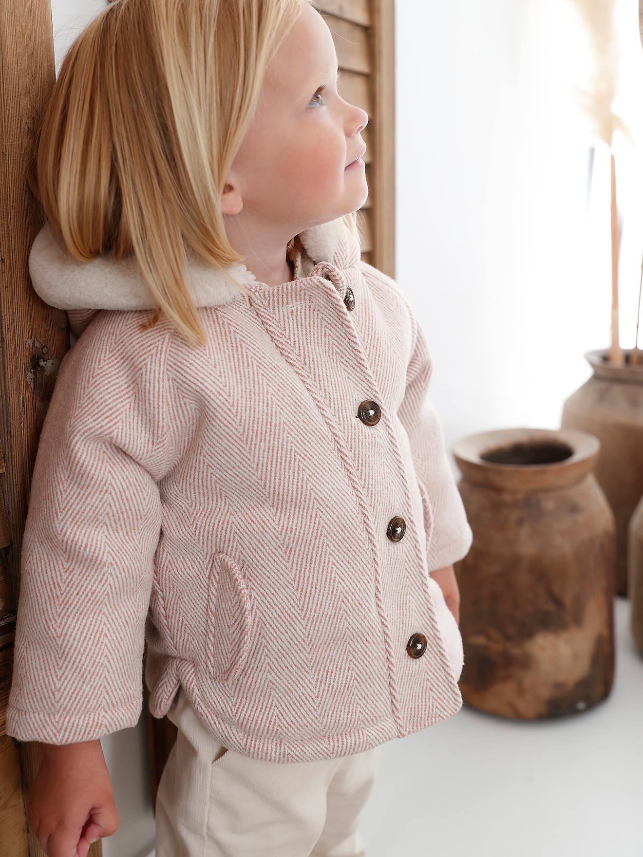Manteau en drap de laine Bébé doublé de fausse fourrure rose