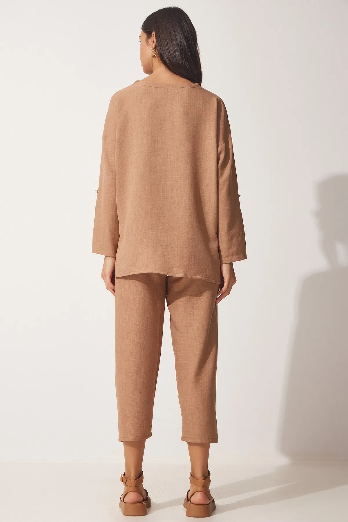 Happiness İstanbul  Damen Biscuit Fließende Ayrobin Bluse Baggy Hose Anzug DP00183