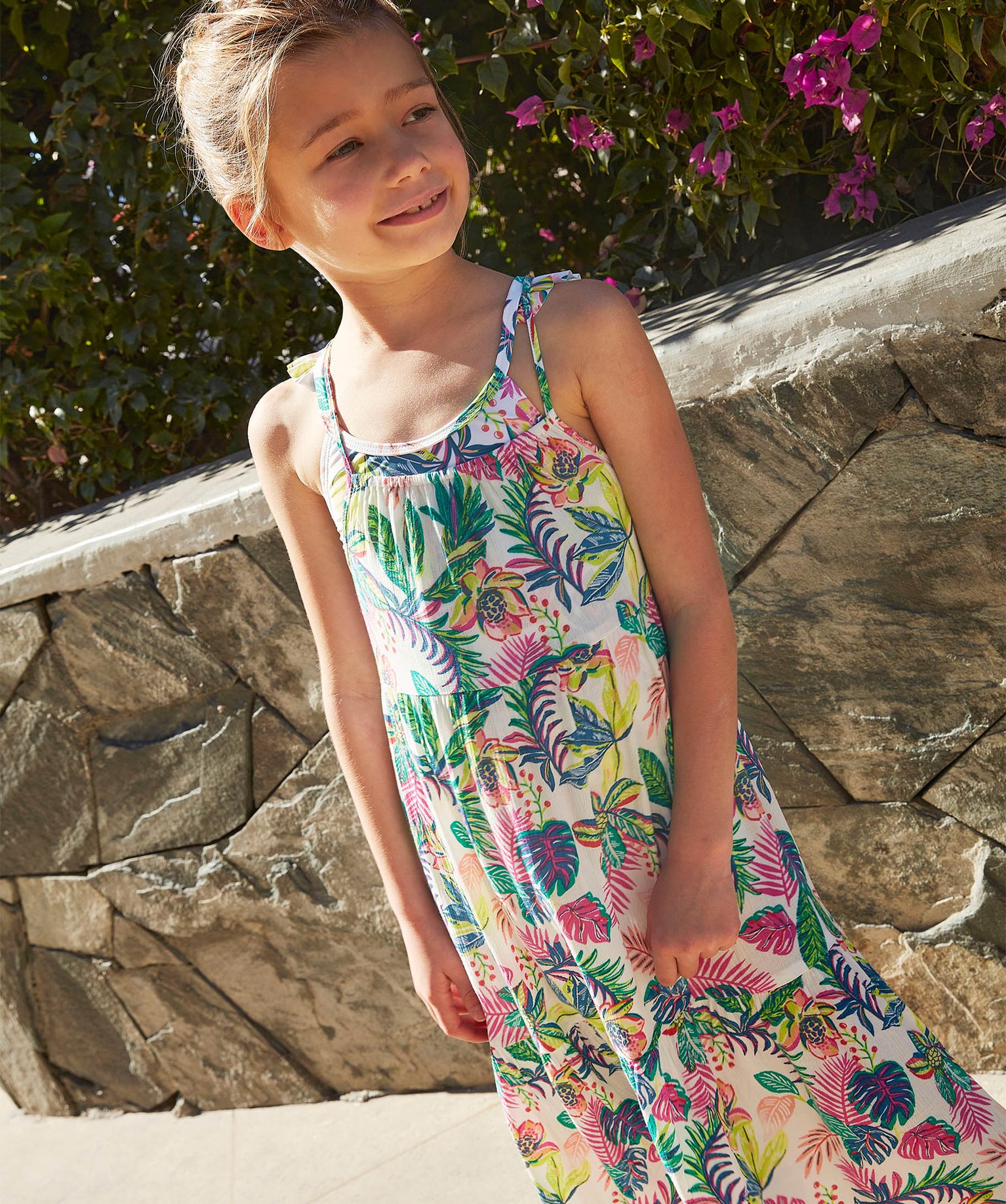 Robe fille à fines bretelles et motifs fleuris ecru | GEMO
