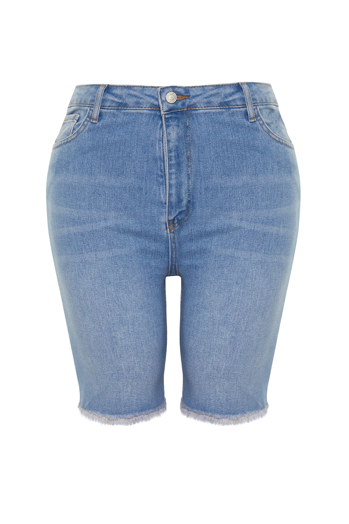 Trendyol Curve  Blaue, dehnbare Skinny-Jeansshorts mit Quasten und Details am Bein TBSSS24AP00012