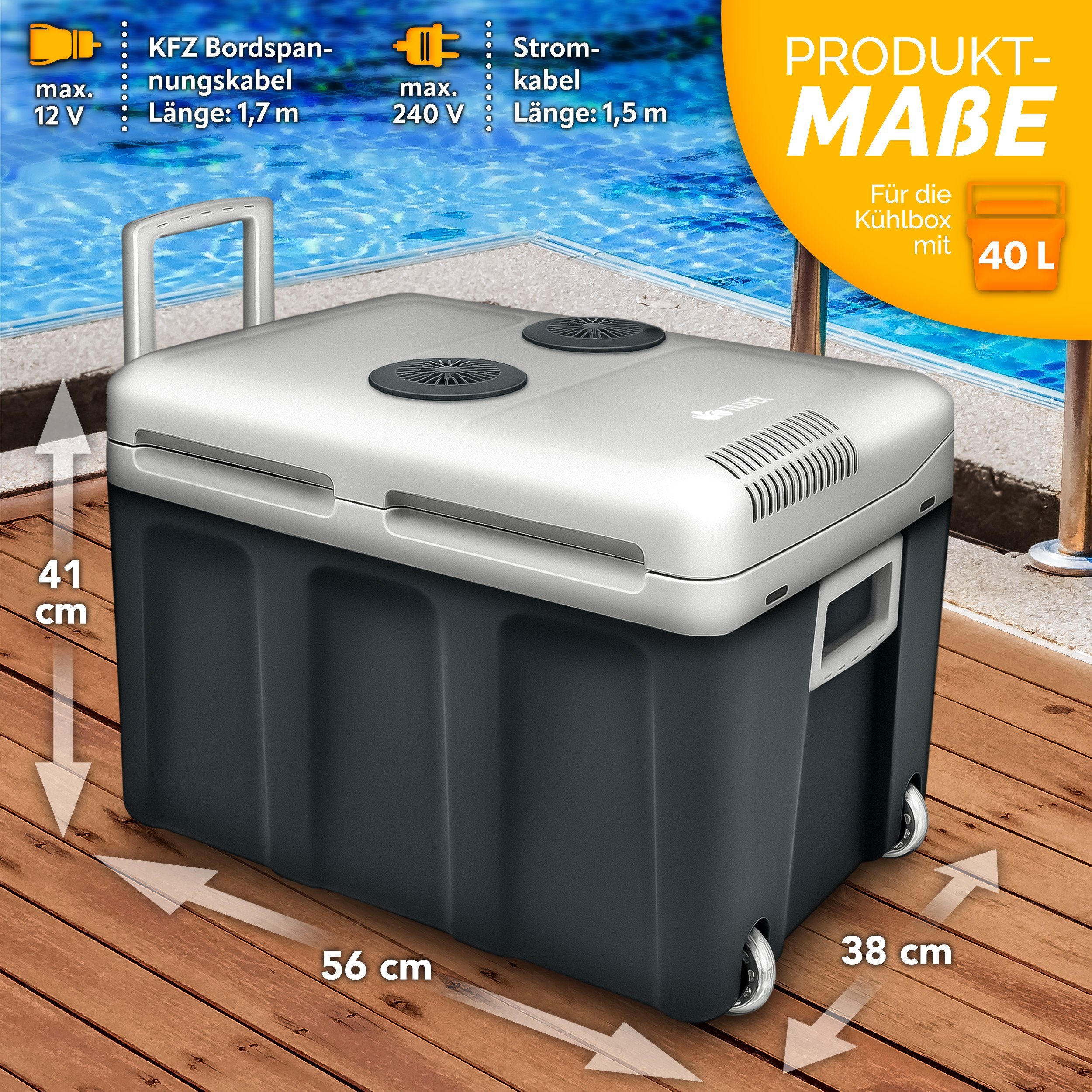 tillvex Kühlbox elektrisch 40L mit Rollen Mini-Kühlschrank, 230 V und 12 V für KFZ Auto Camping, kühlt & wärmt, ECO-Modus