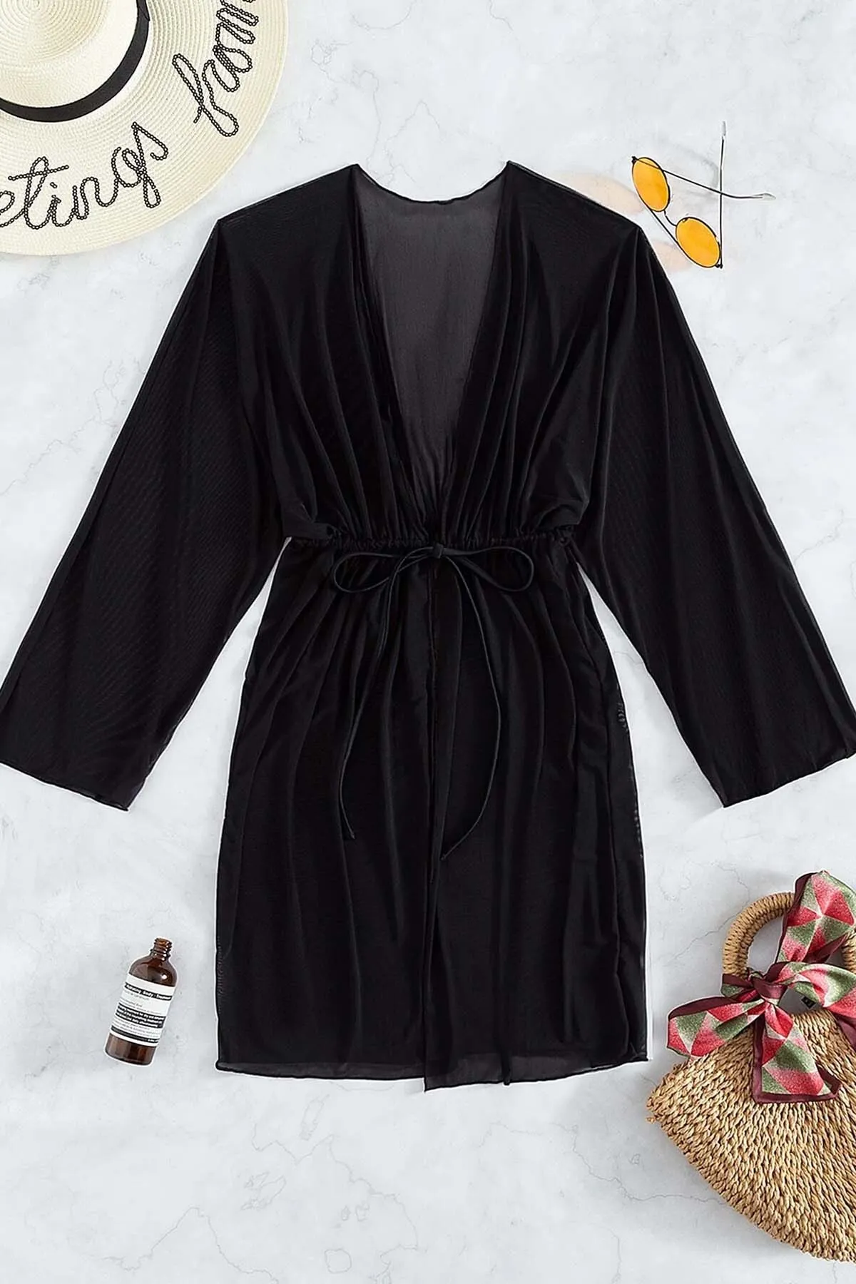 Angelsin  Langes Strandkleid mit Schnürung vorne, Pareo-Kimono