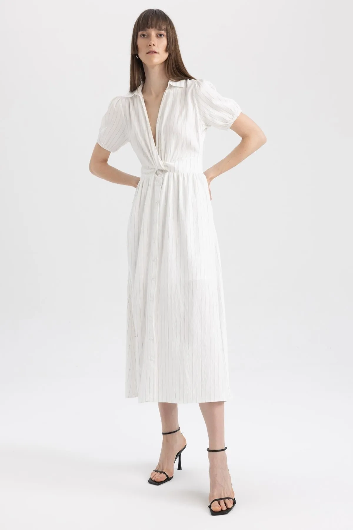 DeFacto  Gestreiftes Midi-Kurzarmkleid mit Hemdkragen