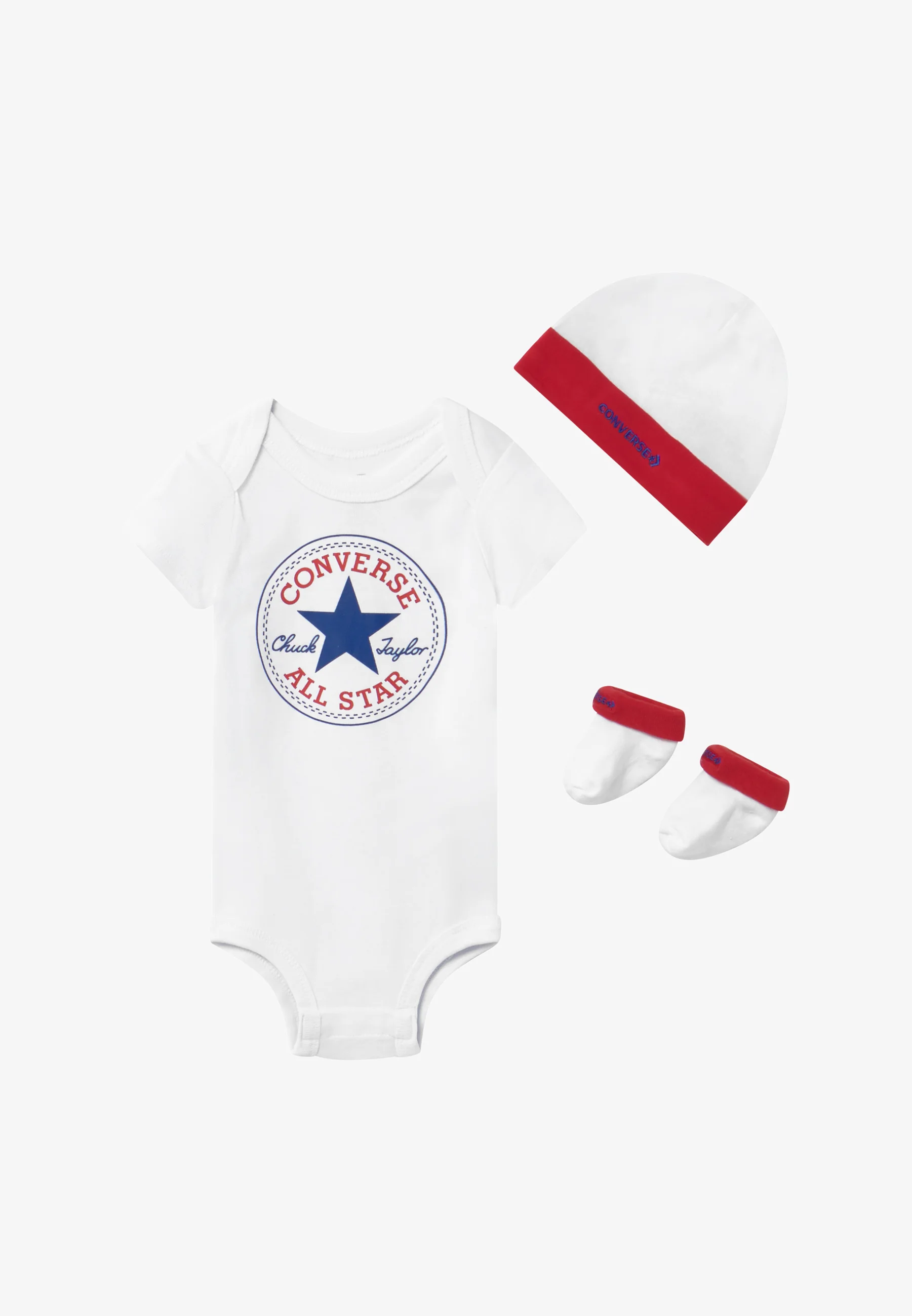 Conjunto unisex de gorro, body y botín para bebé Converse Classic - Regalo para baby shower