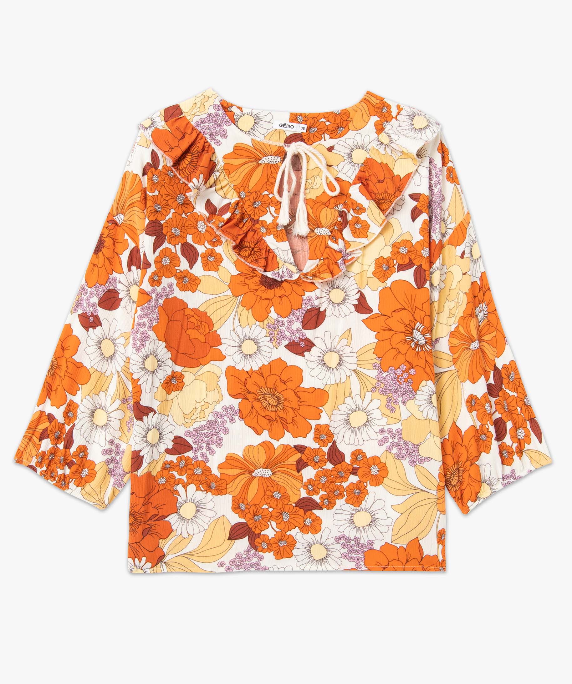 Blouse femme imprimée avec volants sur le col imprime | GEMO