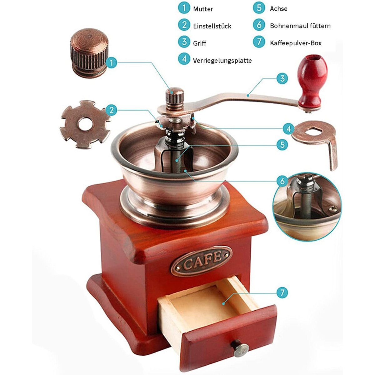 götäzer Kaffeemühle Kleine Handkurbel-Kaffeemühle Mahlwerk Bohnenmaschine, Retro-Stil, manuell, geeignet für Tropfkaffee-French-Press