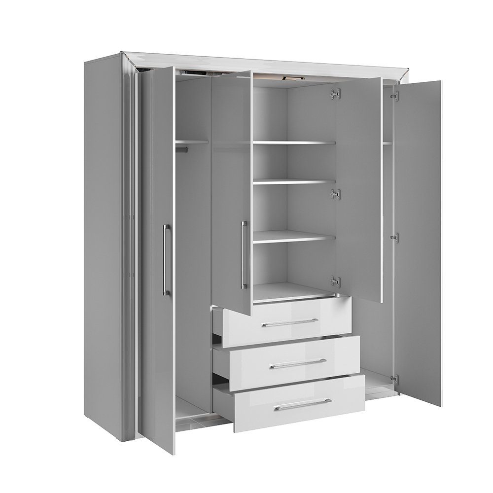 Lomadox Schlafzimmer-Set ASERI-83, (Spar-Set, 5-St), Liegefläche 160x200cm, weiß Hochglanz, mit 4-trg. Kleiderschrank
