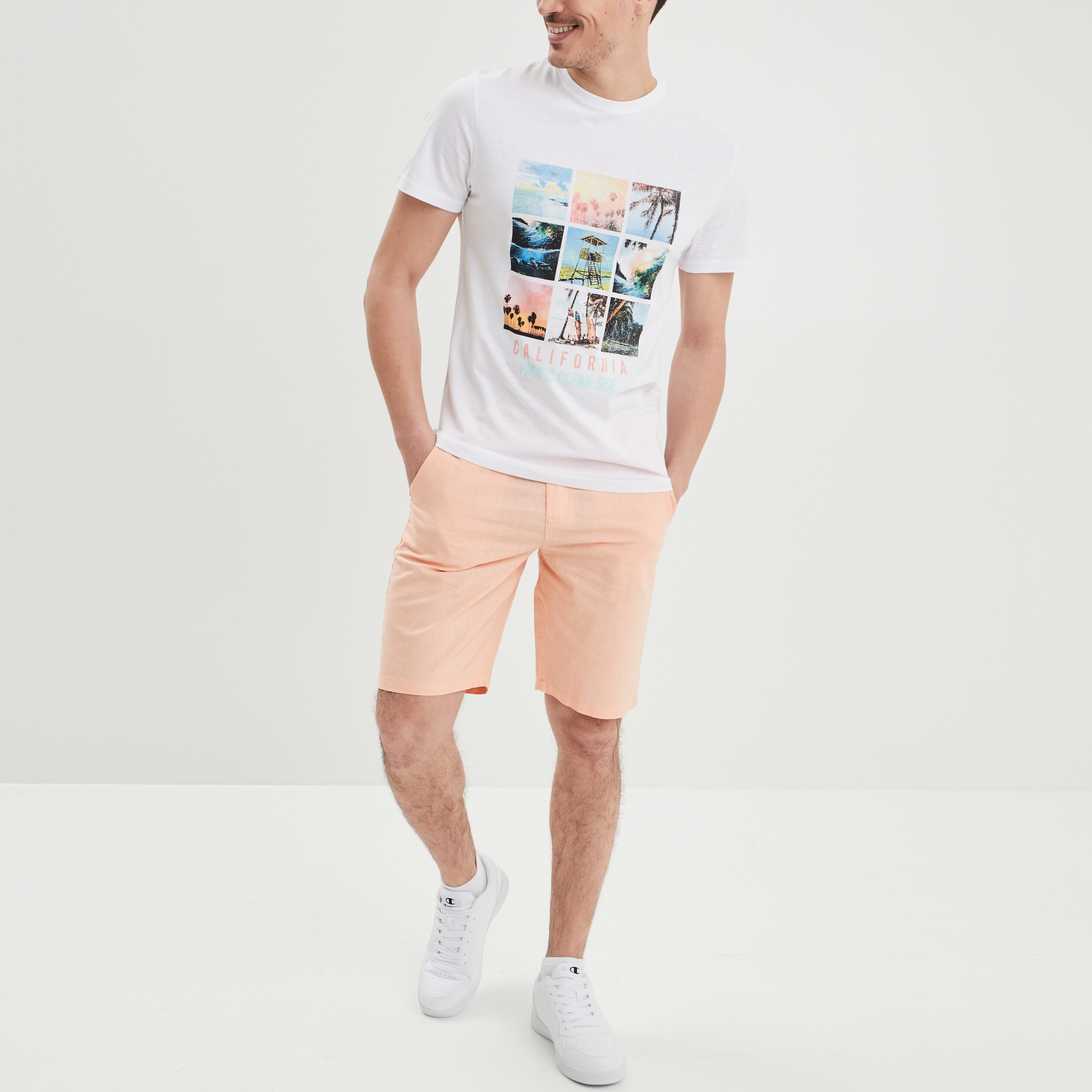 Short chino droit lin majoritaire rose clair homme | La Halle