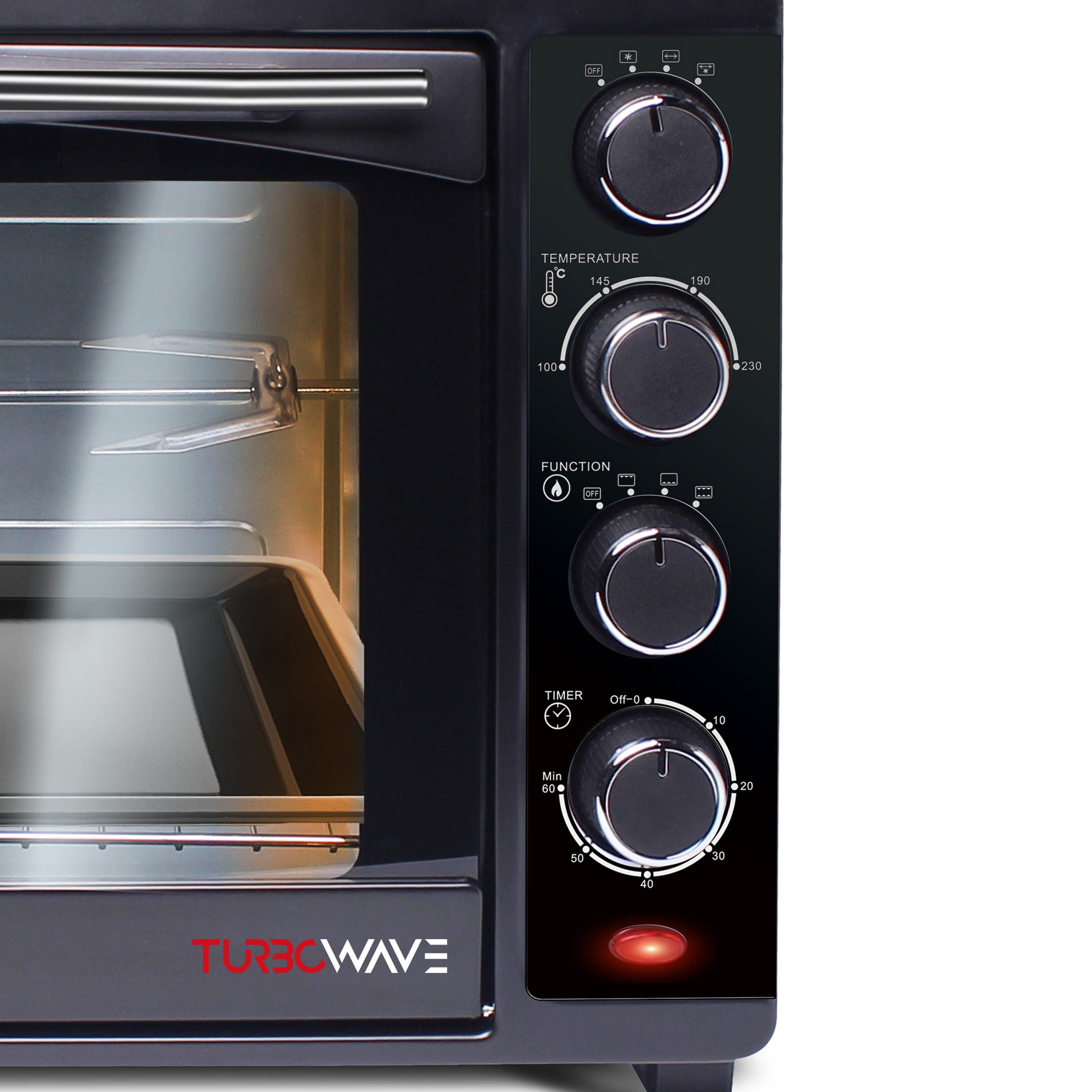 TurboTronic by Z-Line Minibackofen 35 Liter Schwarz, inkl. 1x Grillrost & 2x Backblech 1600W Camping, Pizzaofen 100-230°C Tischbackofen, mit Drehspieß