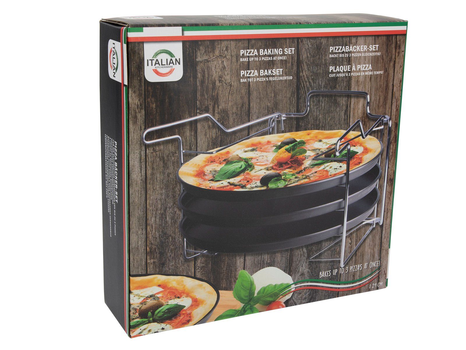 Spetebo Pizzablech Metall Pizza Backblech Set - 3 Bleche und Gestell, Metall, (Komplett-Set, 1-St., 3x Blech + 1x Gestell - 4tlg), je Blech ca. 29 cm - z.B. für Pizza oder Flammkuchen