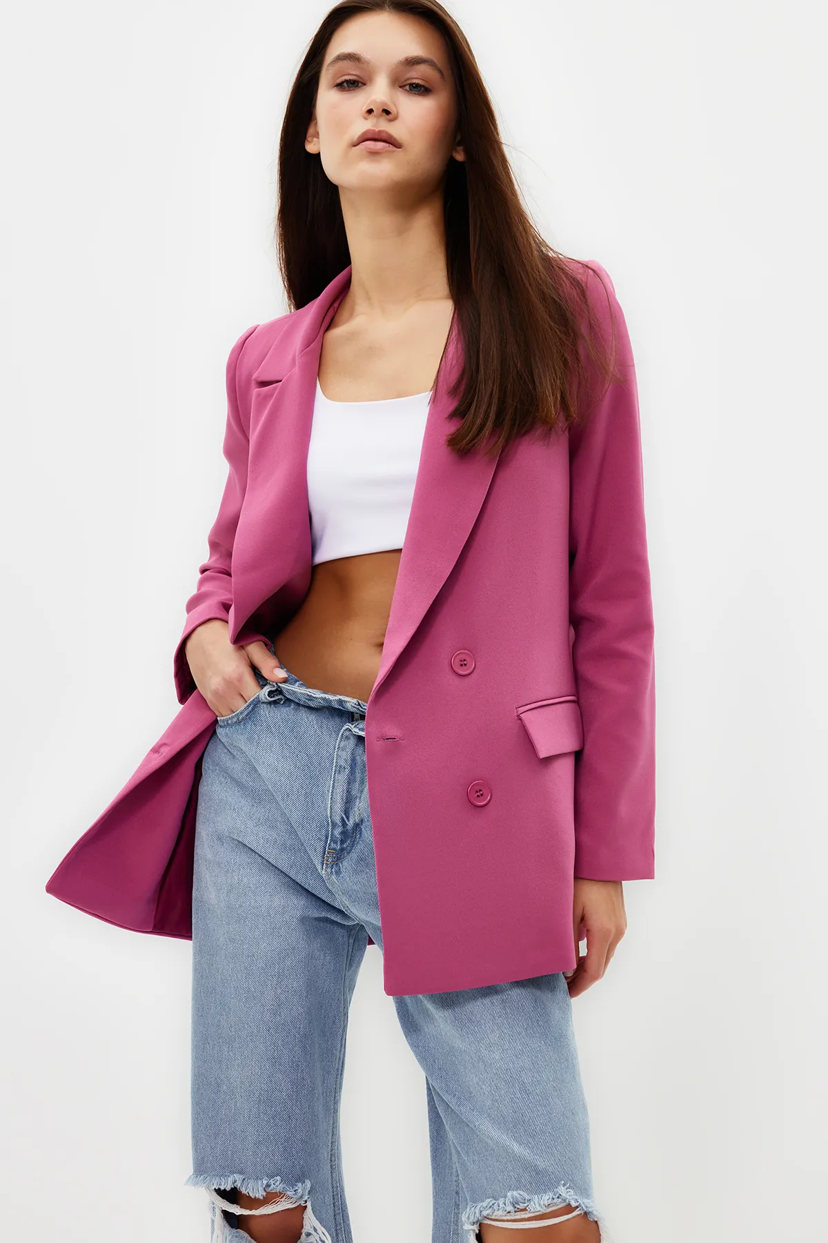 Trendyol Collection  Rosa, normal gefütterte, zweireihige, gewebte Blazerjacke TWOAW21CE0264