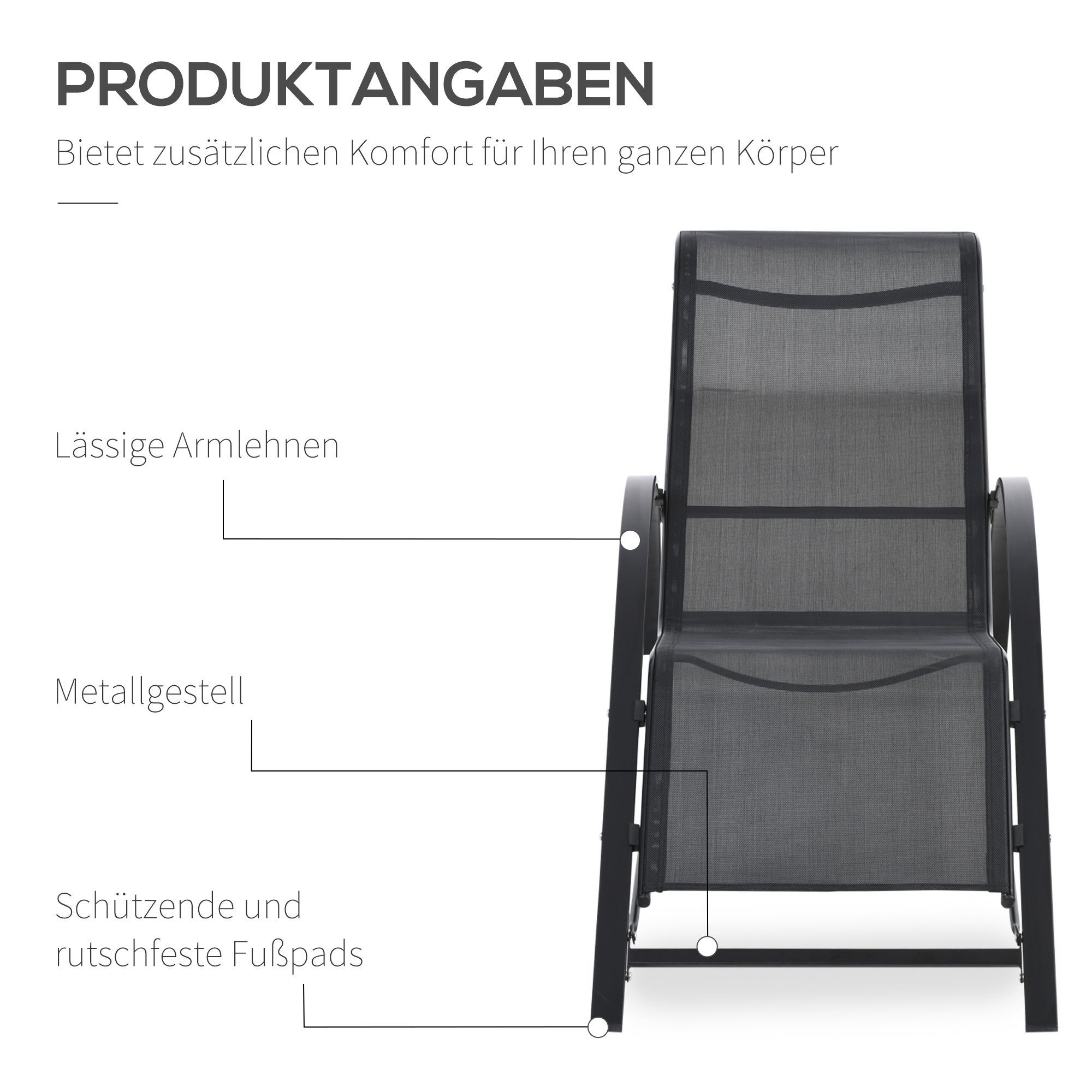 Outsunny Gartenliege Sonnenliege-Set mit Tisch, 2 Liegestühlen, Campingliege, 3 St., Relaxliege, für Balkon, Terrasse, Schwarz