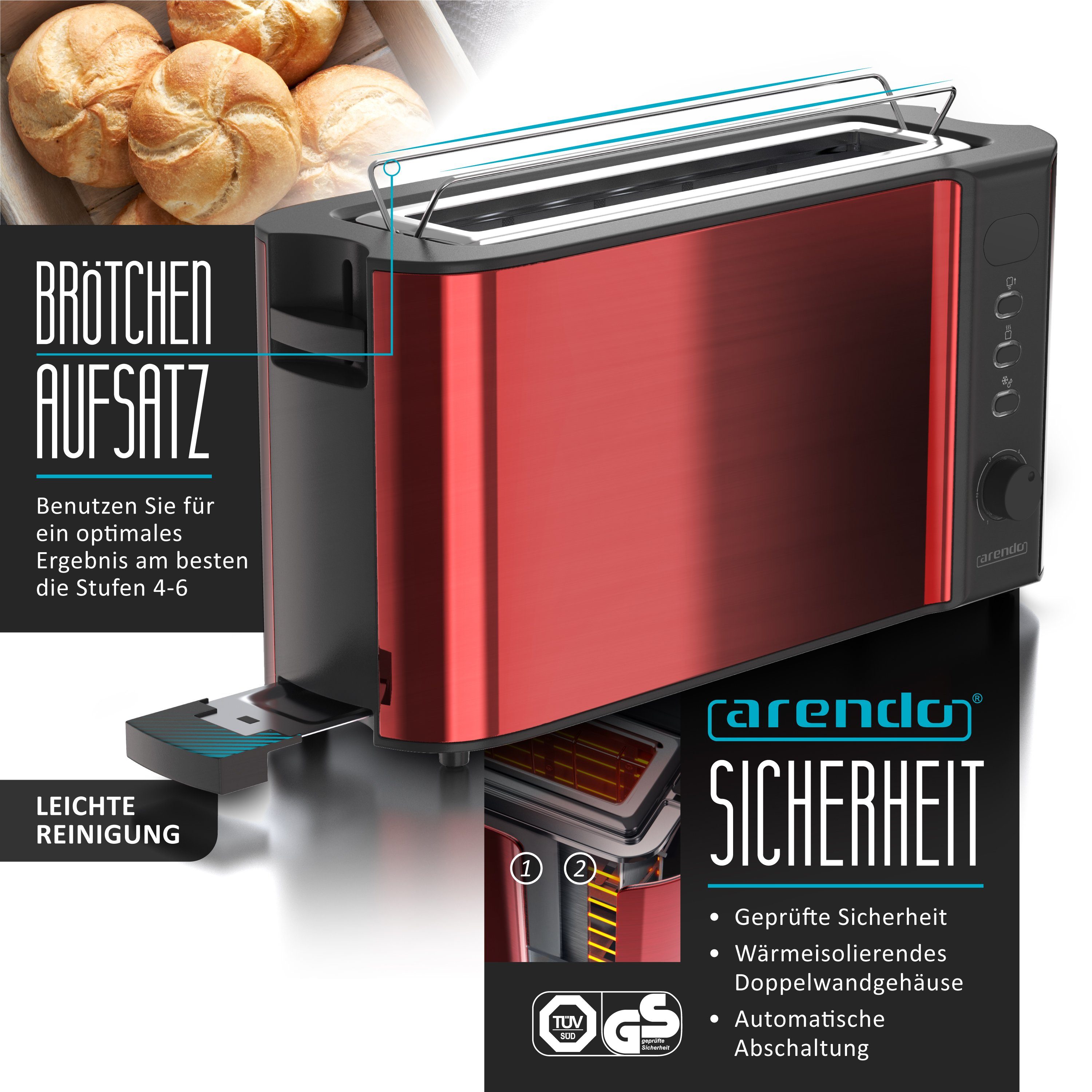 Arendo Frühstücks-Set (2-tlg), Edelstahl Wasserkocher 1,5l, 2-Scheiben Langschlitz Toaster, Rot