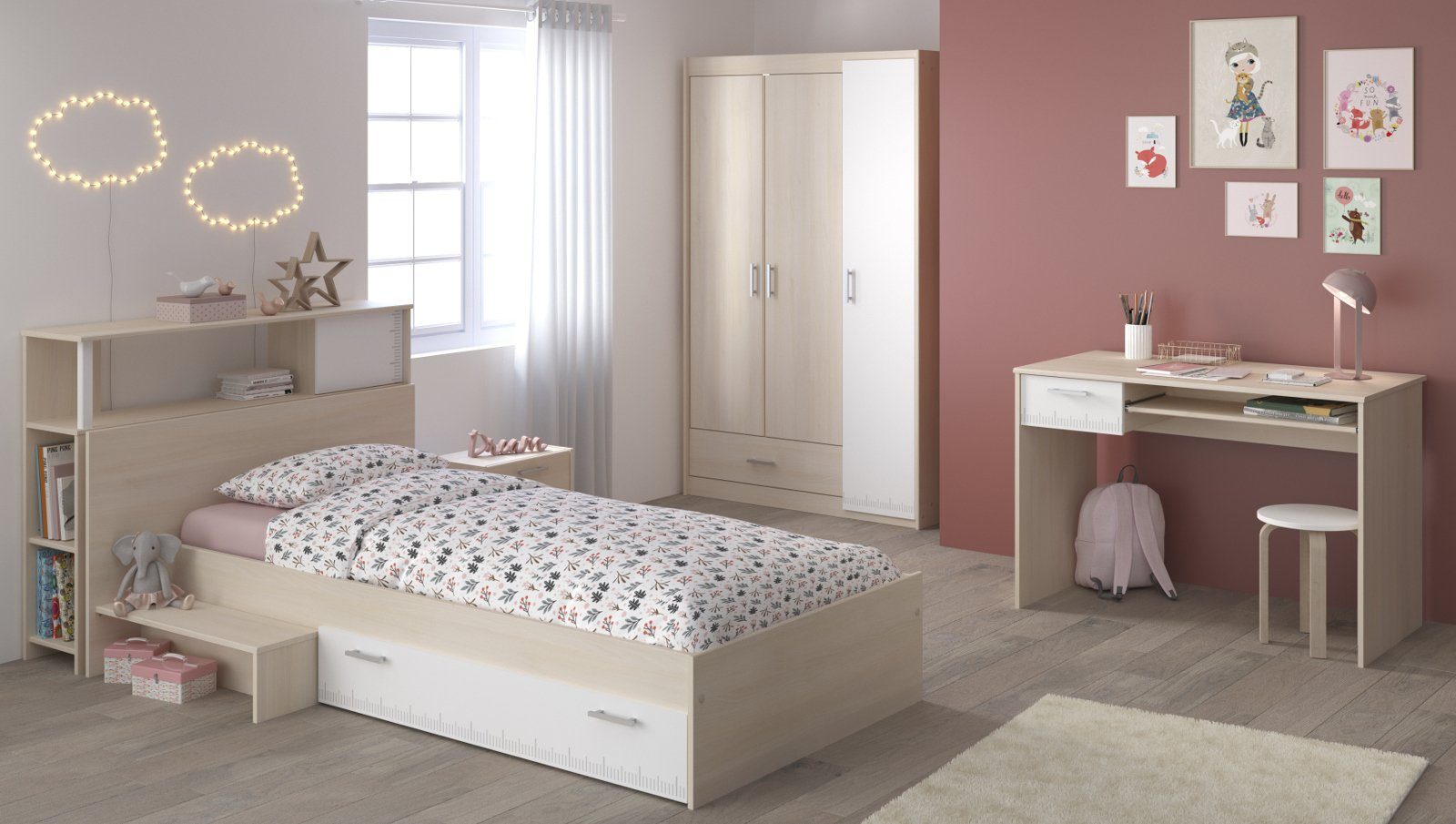 Parisot Jugendzimmer-Set Charly, (Kinderzimmer Komplett-Set, 5-teilig), mit 3-türigem Kleiderschrank