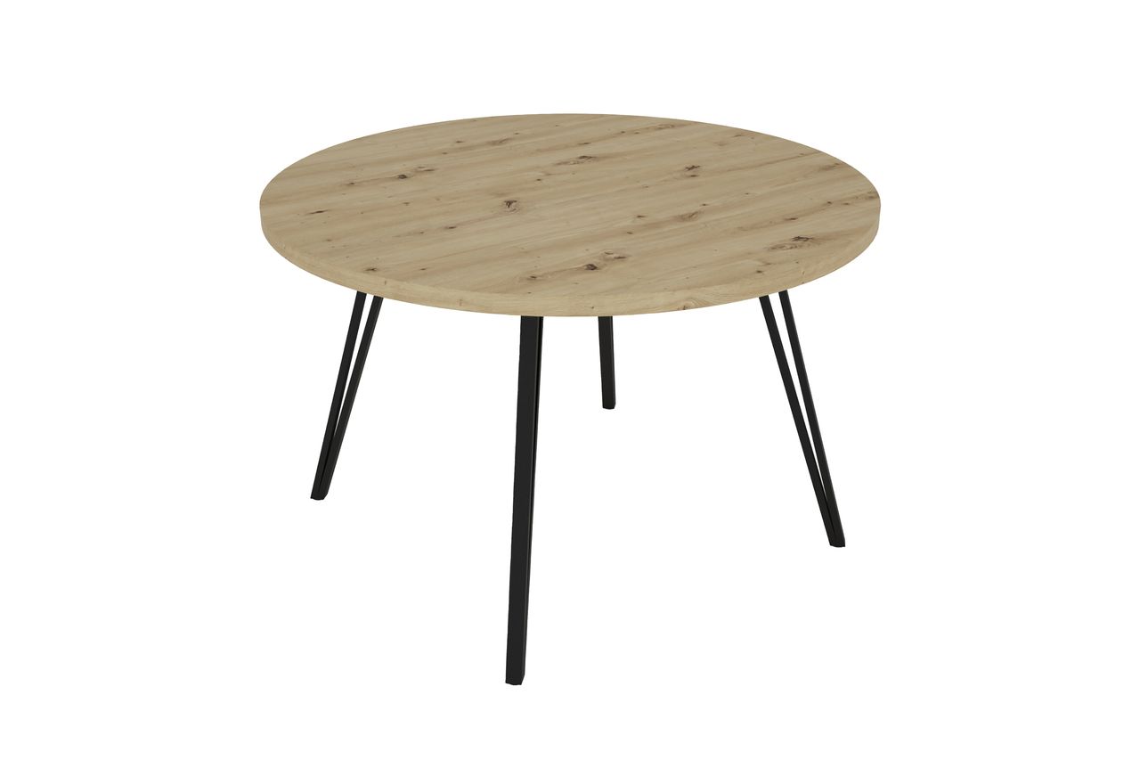 byLiving MARTA Tisch, rund, Breite 120 cm, Metall schwarz pulverbeschichtet, Eiche-Optik