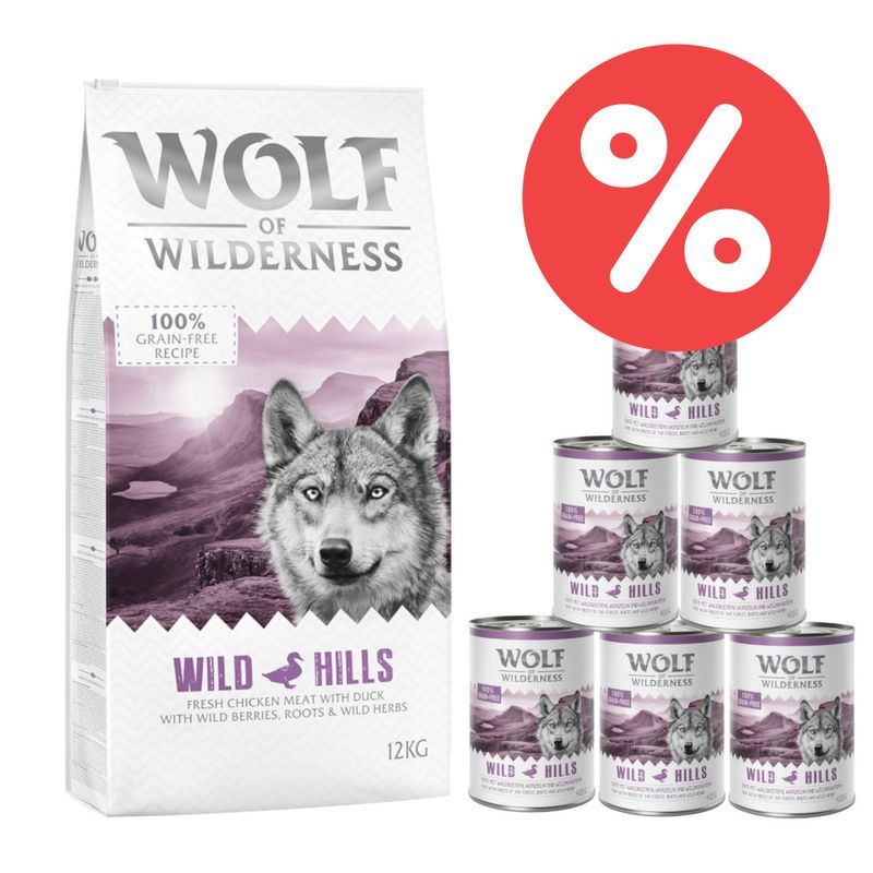 Wolf of Wilderness 12 kg Trockenfutter + 6 x 400 g Nassfutter