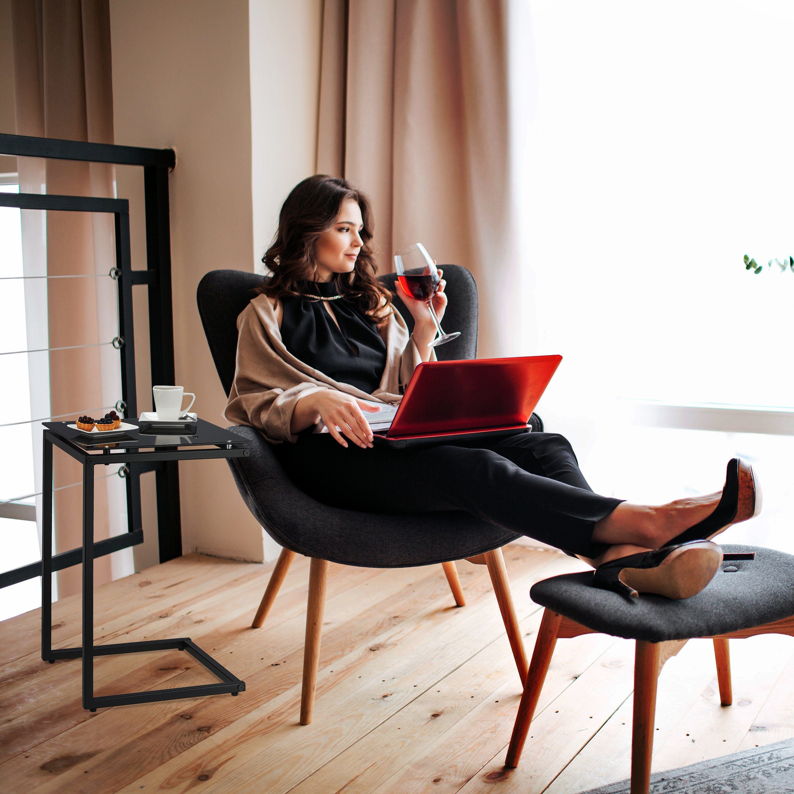 relaxdays Beistelltisch Schwarzer Beistelltisch in C-Form