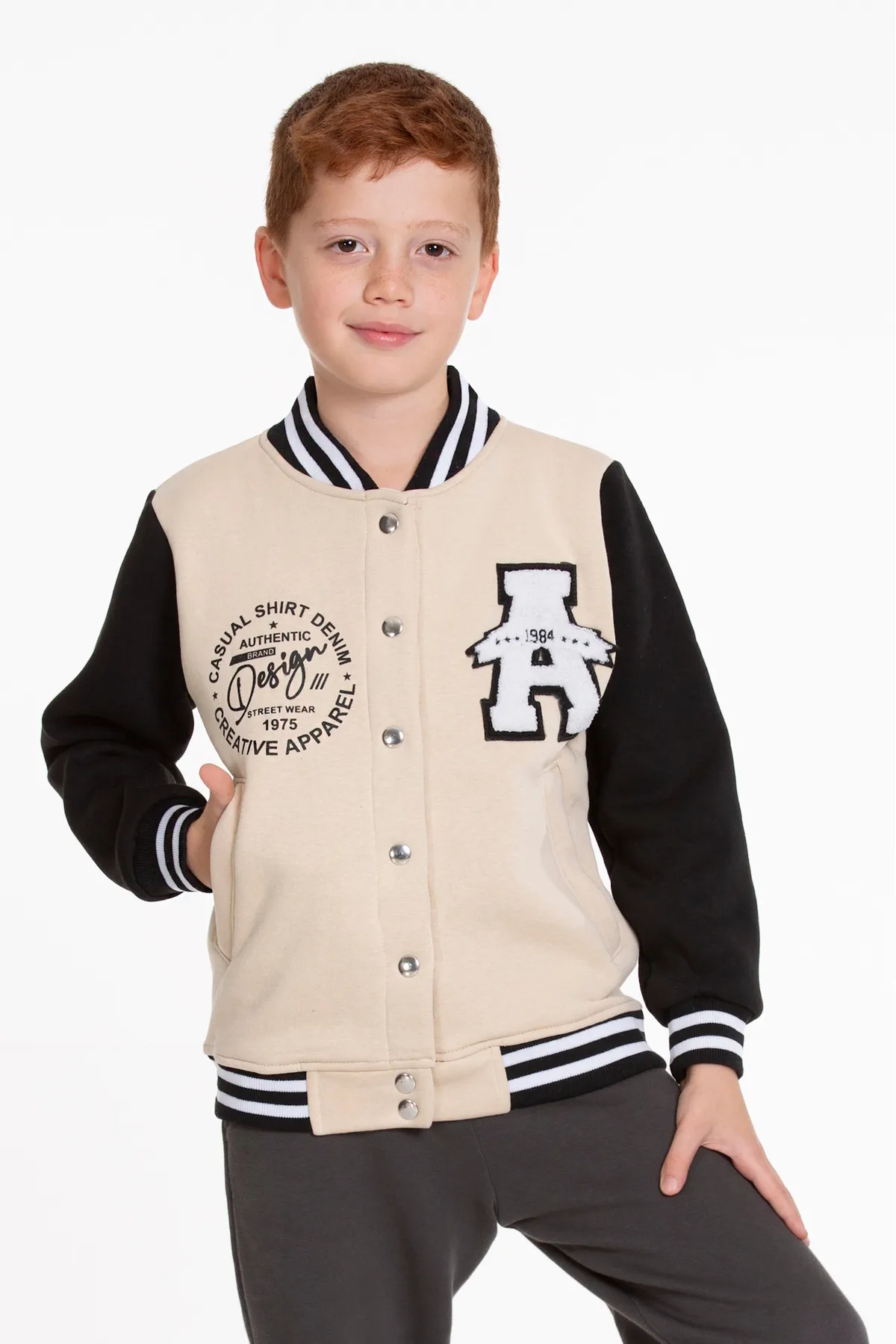 AHENGİM  Jungen-College-Jacke, groß, bedruckte Bomberjacke mit geknöpftem Druckknopfverschluss, Ak2513110
