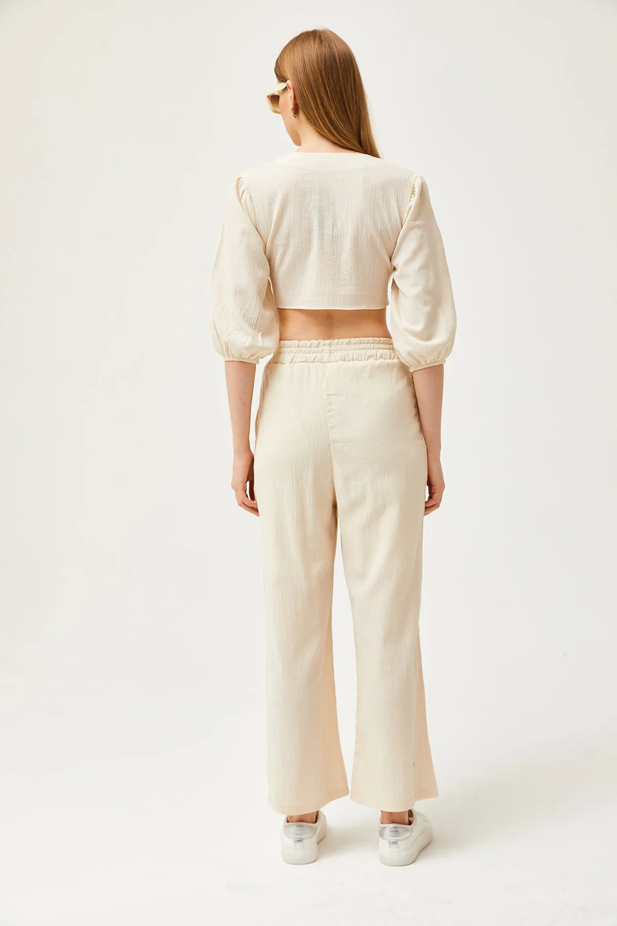 Olalook  Damen-Set mit Steinoberteil, geknöpfter Bluse und Hose mit unterer Tasche, Leinen-Set TKM-19000277