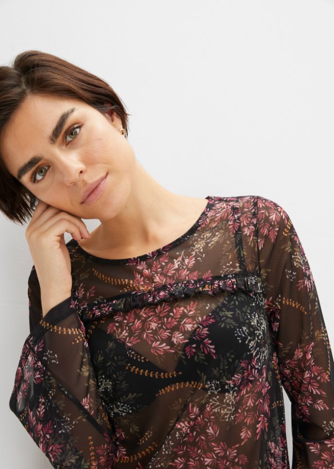 Mesh-Shirt mit Rüschen