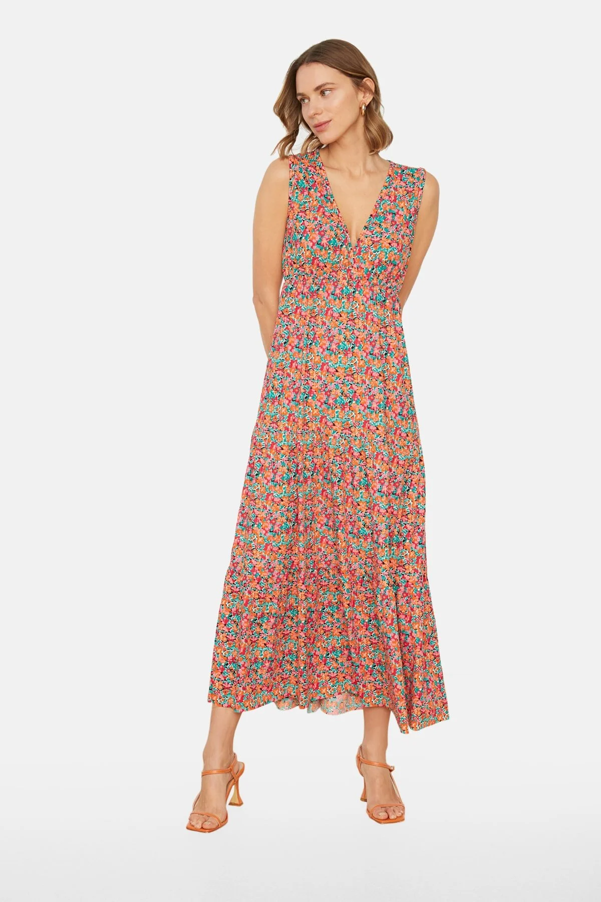 Trendyol Collection  Mehrfarbiges, floral gemustertes, ärmelloses Maxi-Strickkleid in A-Linie mit V-Ausschnitt TWOSS22EL1588