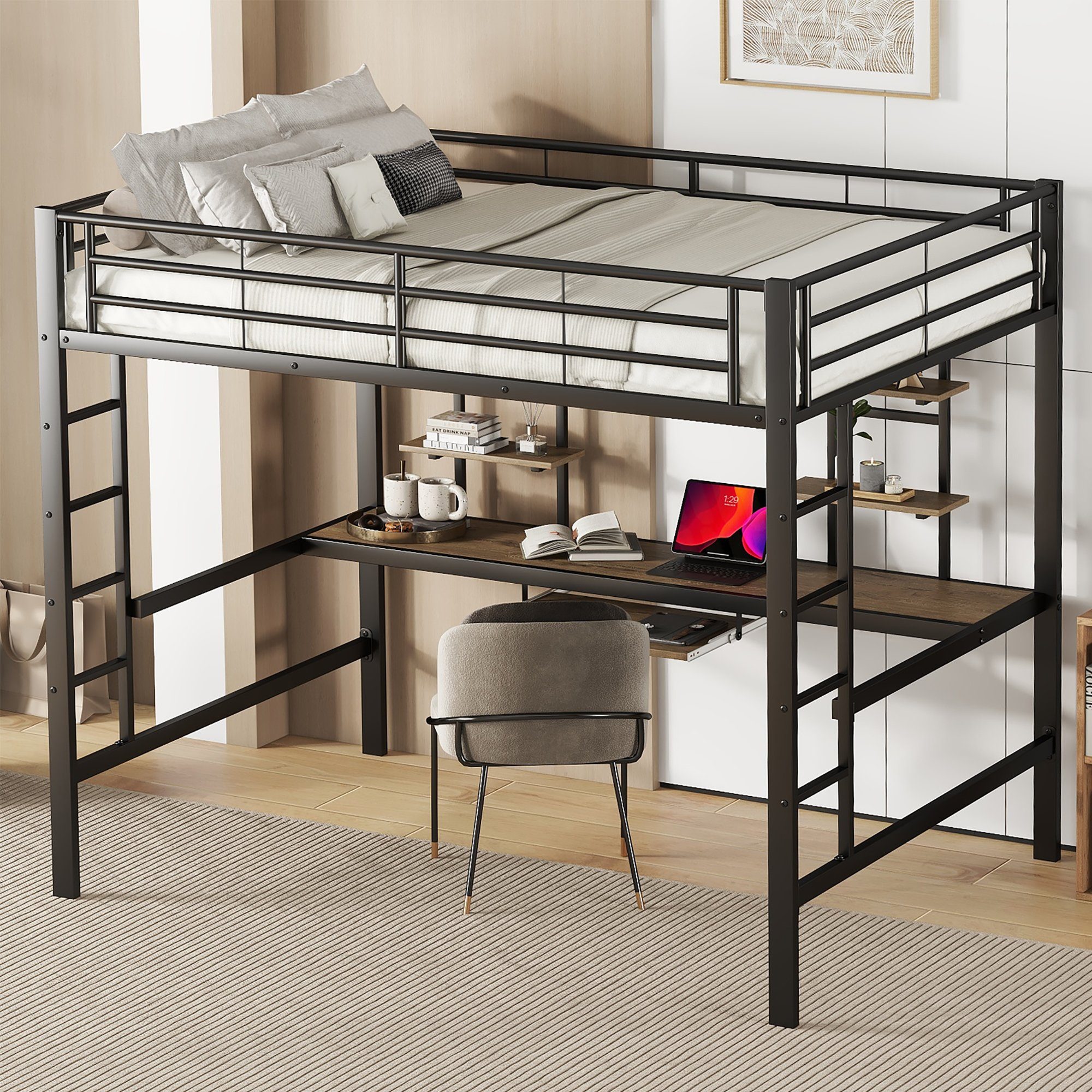 Gotagee Metallbett Jugendbett mit Schreibtisch Eisenbett 140x200cm Metallbett Hochbett