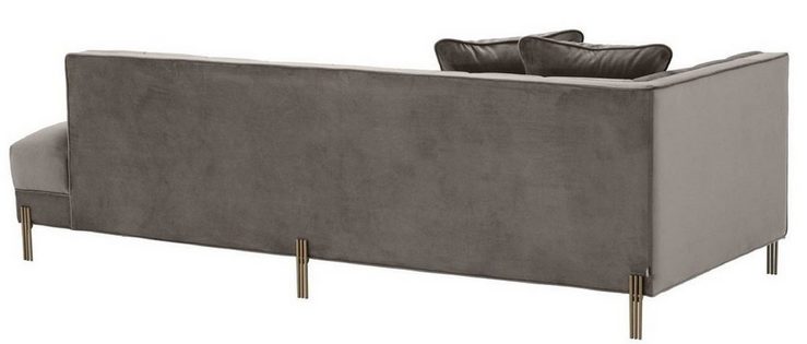 Casa Padrino Loungesofa Luxus Lounge Sofa Grau - Greige / Messingfarben 223 x 95 x H. 68 cm - Linksseitiges Wohnzimmer Sofa mit edlem Samtsoff und 2 Kissen