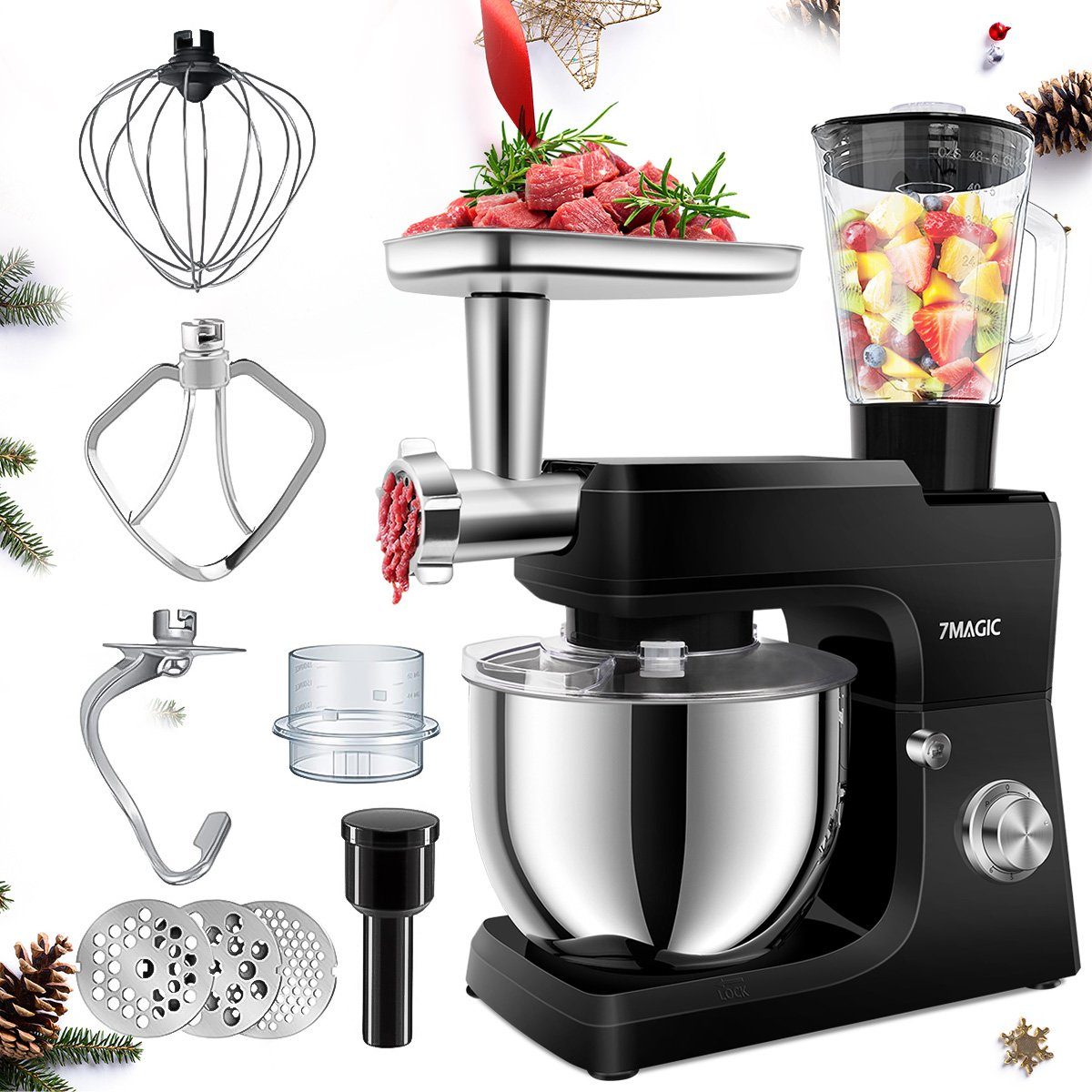 7Magic Küchenmaschine 5 in 1 Multifunktions Standmixer, 1500 W, 7 l Schüssel, 6+0 Geschwindigkeiten und vollem Zubehör