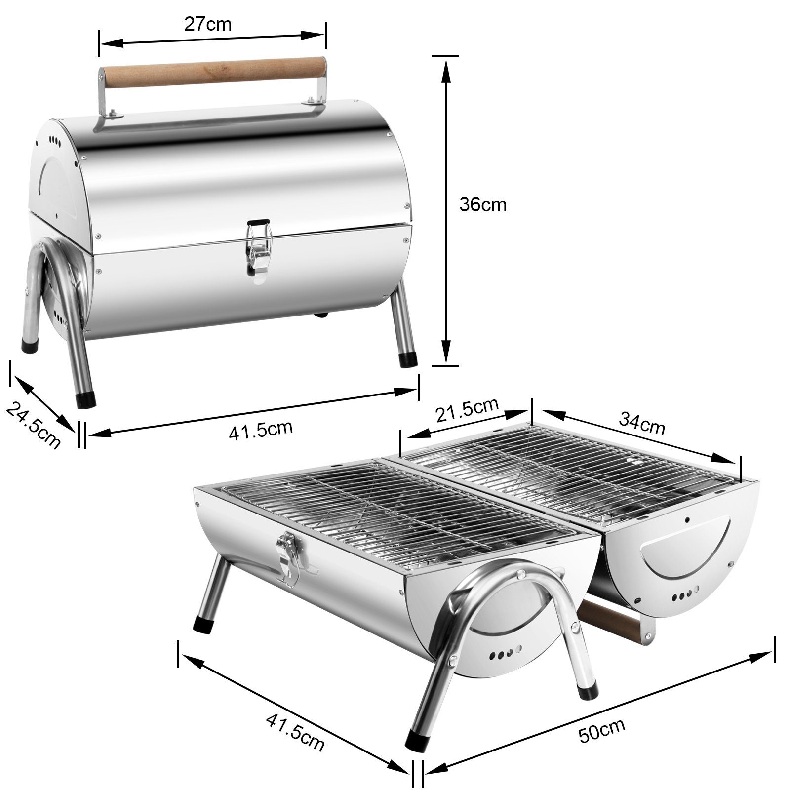 SunJas Holzkohlegrill CA-S22A, Reisegrill Edelstahl Campinggrill Klappgrill Koffergrill Tischgrills