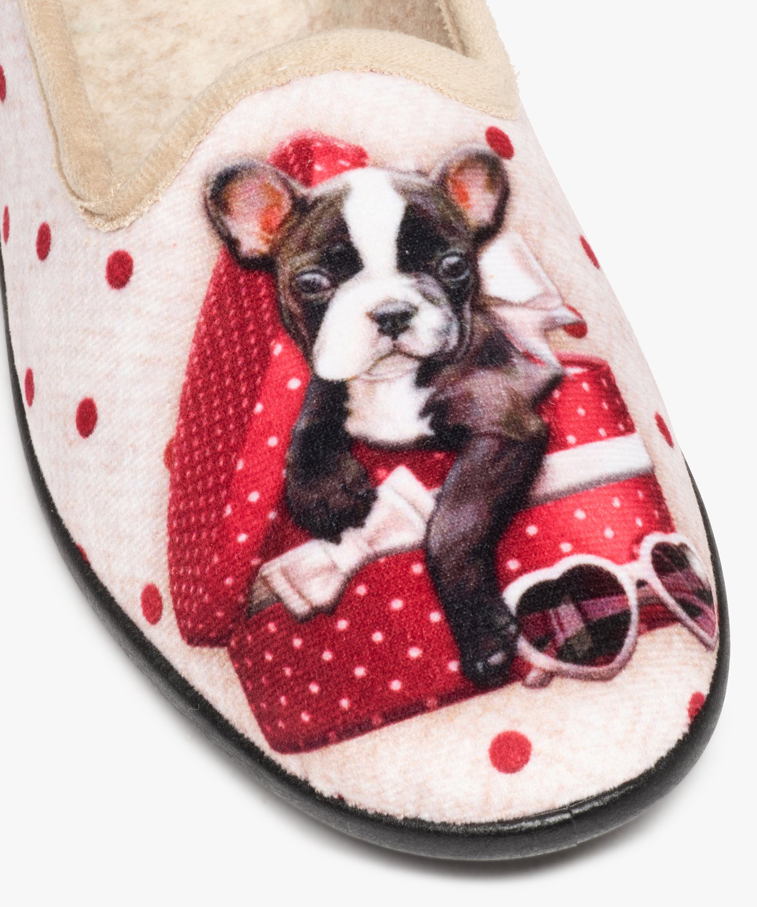 Chaussons femme en velours ras imprimés bouledogue beige | GEMO
