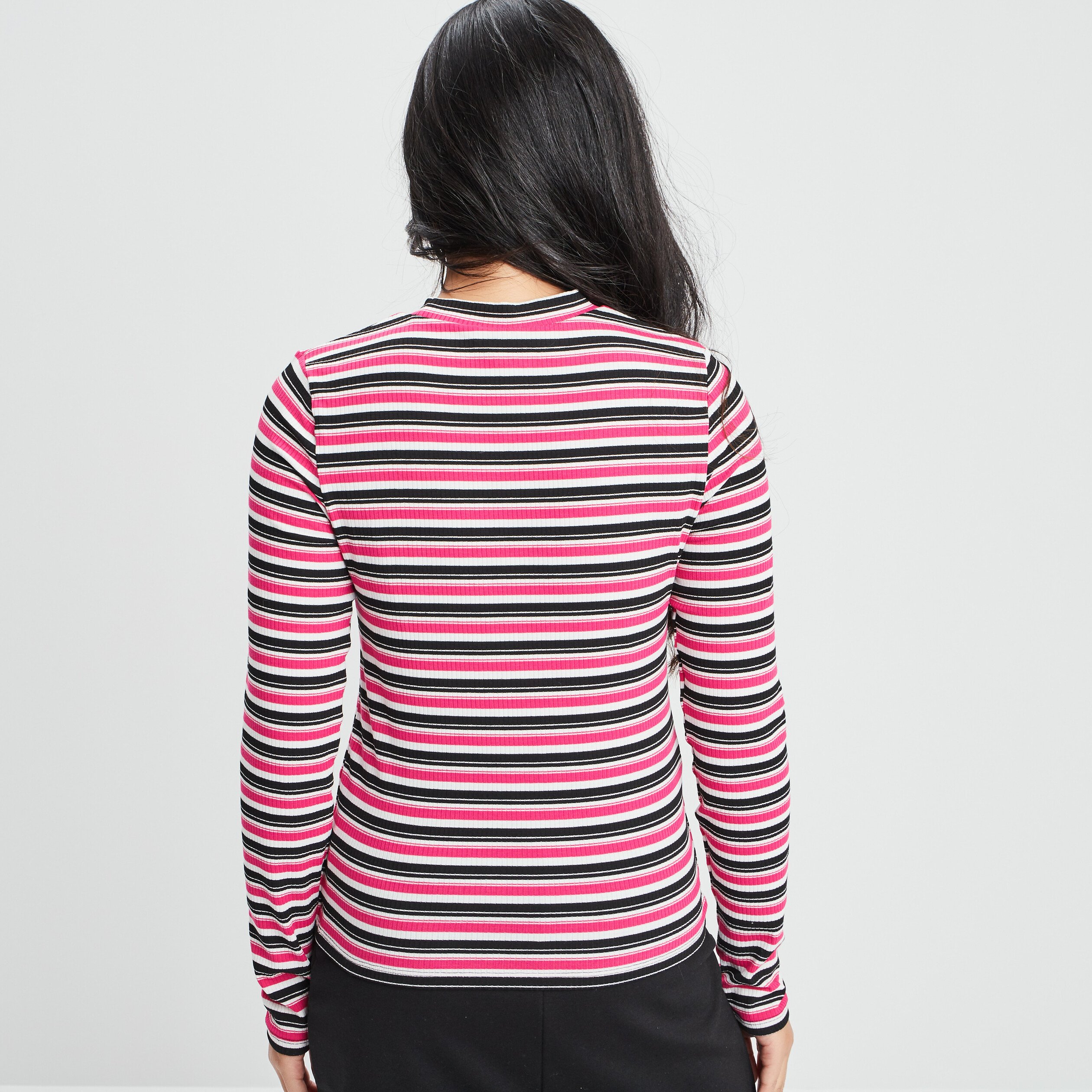 T-shirt manches longues côtelé rose vif femme | La Halle
