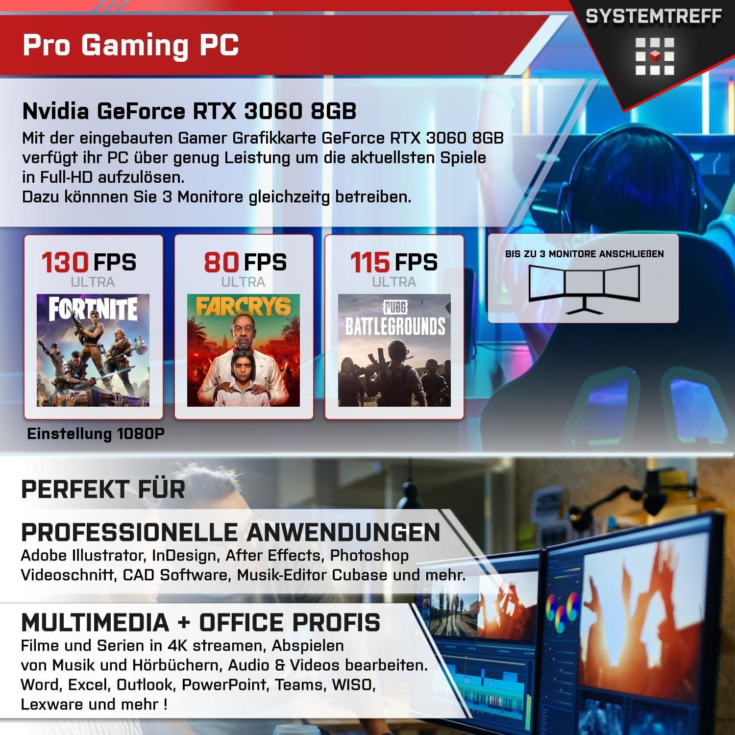 SYSTEMTREFF Gaming-PC (Intel Core i5 12400, GeForce RTX 3060, 16 GB RAM, 512 GB SSD, Luftkühlung, Windows 11, WLAN)