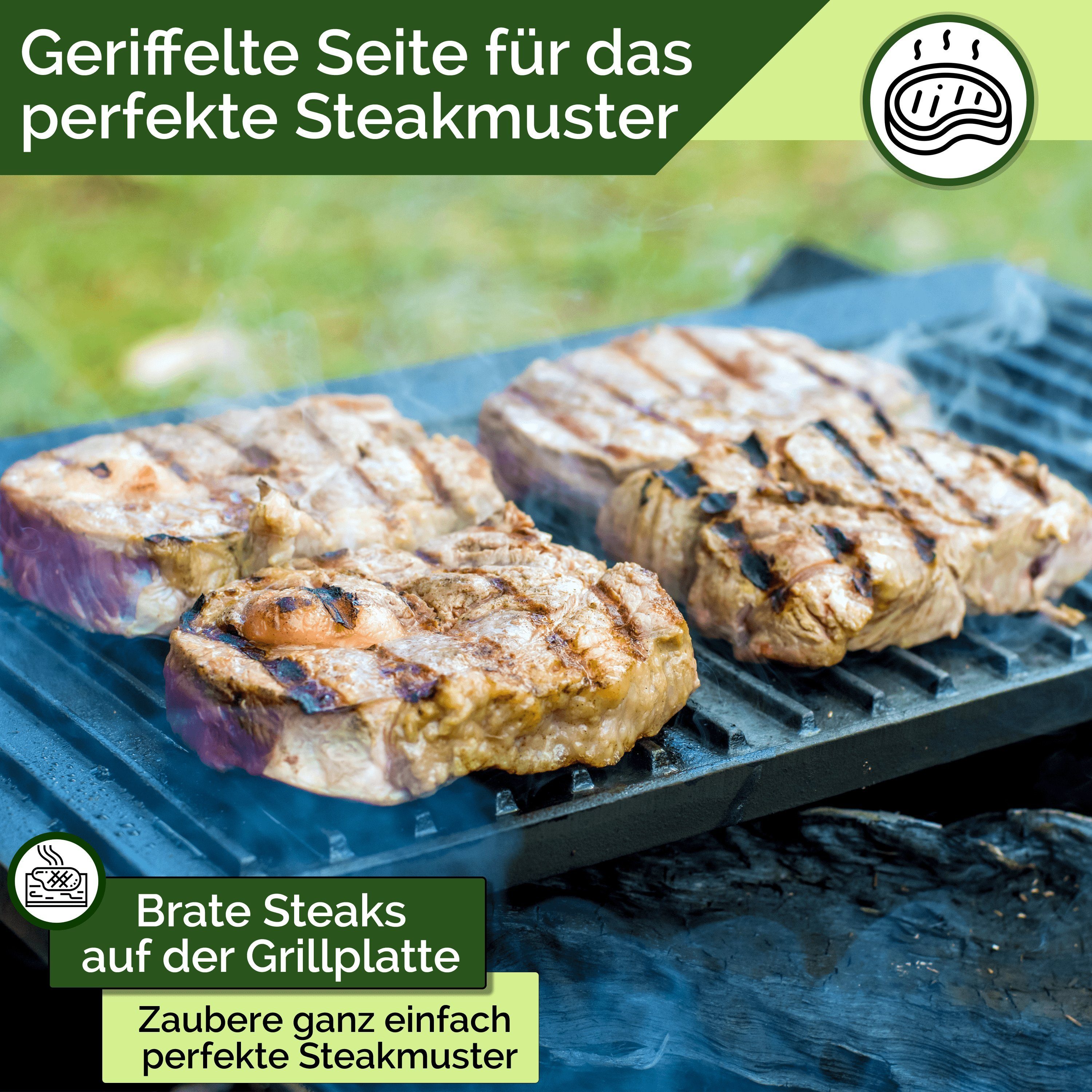 Funkenflug Grillplatte Grillplatte Gusseisen [45,5x23 cm] für sensationelle Grill Ergebnisse (ohne Anbrennen - Gussplatte für Gasgrill, Holzkohlegrill, Ofen & Herd -, 1-St., Grillplatte Gasgrill mit Fettauffangfläche), 2 in 1 Gussplatte