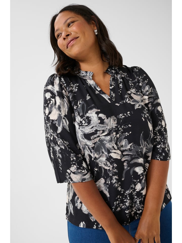 KAFFE curve Kurzarm-Bluse KCmona in Black/White Painted Flower günstig kaufen