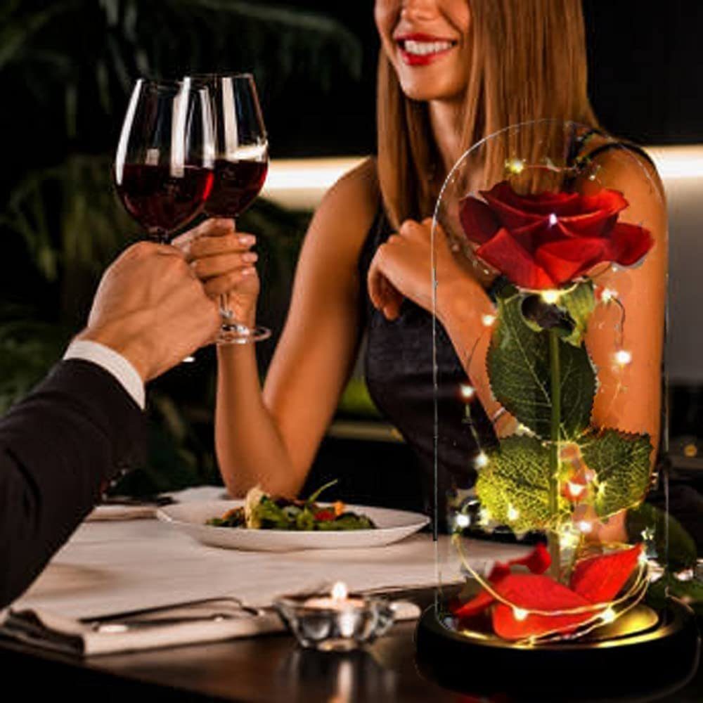 Kunstblume Ewige Rose im Glas mit Licht, AKKEE, Höhe 21.8 cm, Rosen Geschenke für Frauen für Valentinstag, Muttertag, Jahrestag