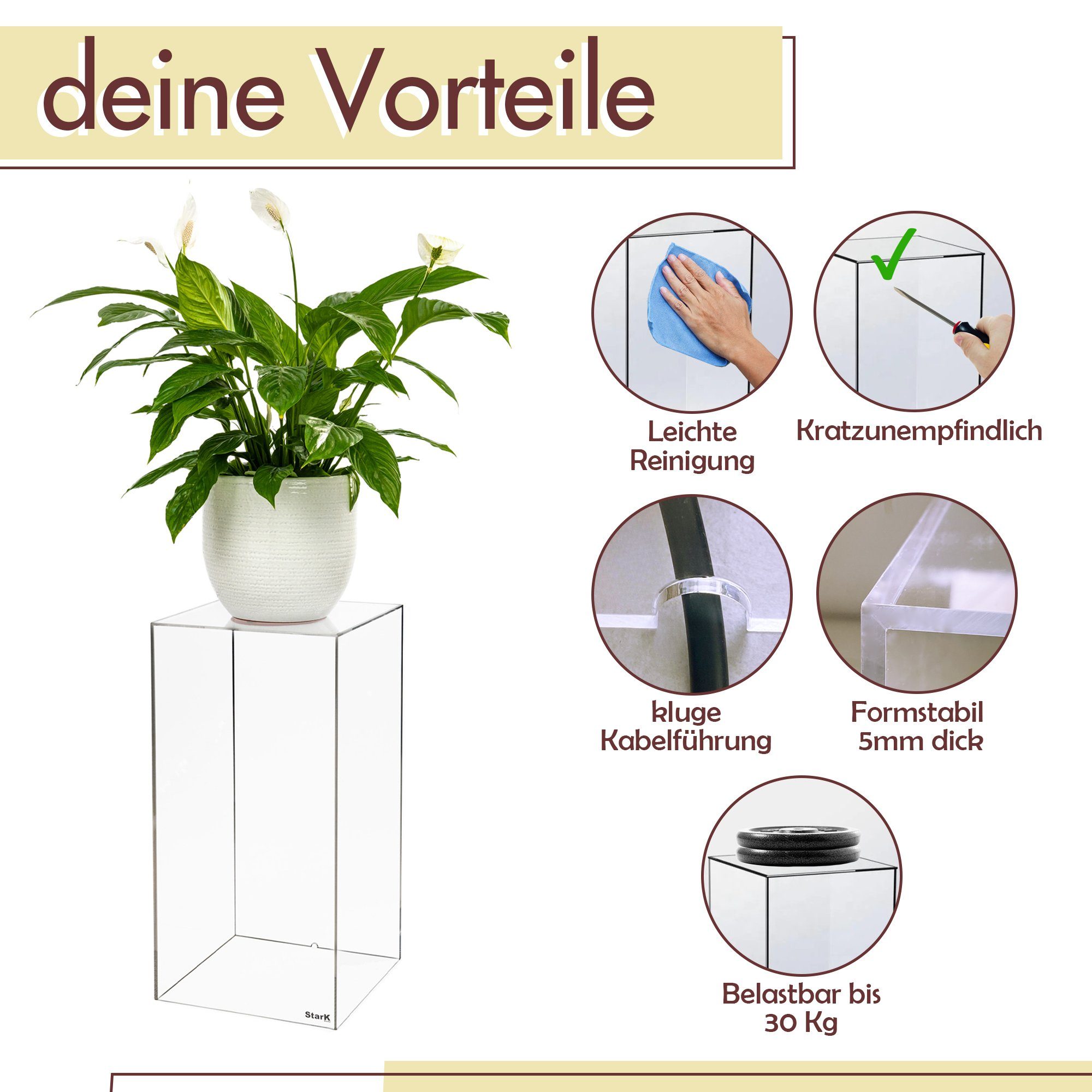 StarK Blumenständer Klare Acrylglas Dekosäule -Premium Pflanzenständer belastbar bis 30kg, Arcylglas