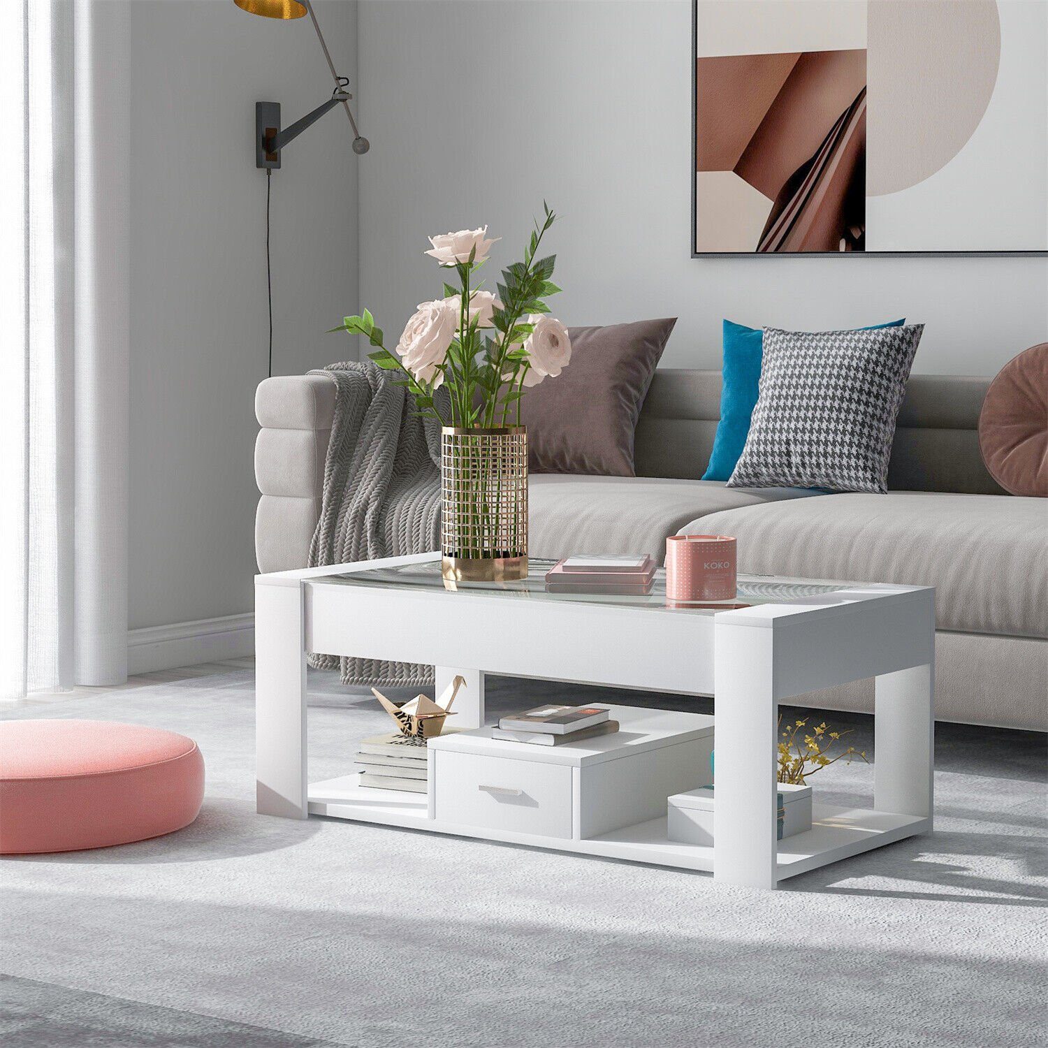 DOTMALL Tischsitz Couchtisch Glasplatte mit Stauraum Wohnzimmer Weiß