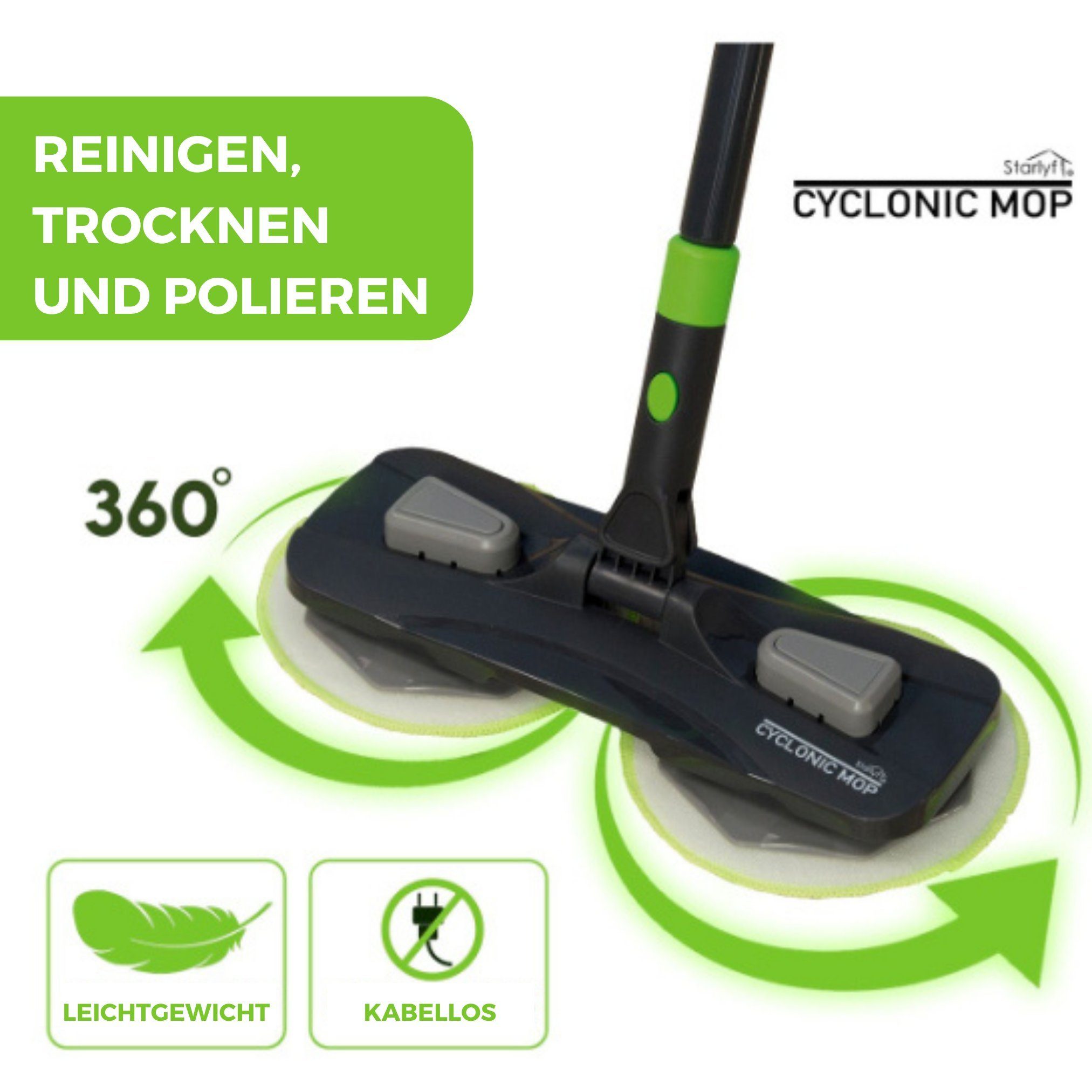 Starlyf Wischmopp Cyclonic Mop, beutellos, kabelloser, rotierender Bodenwischer ohne Akku, für Hartböden
