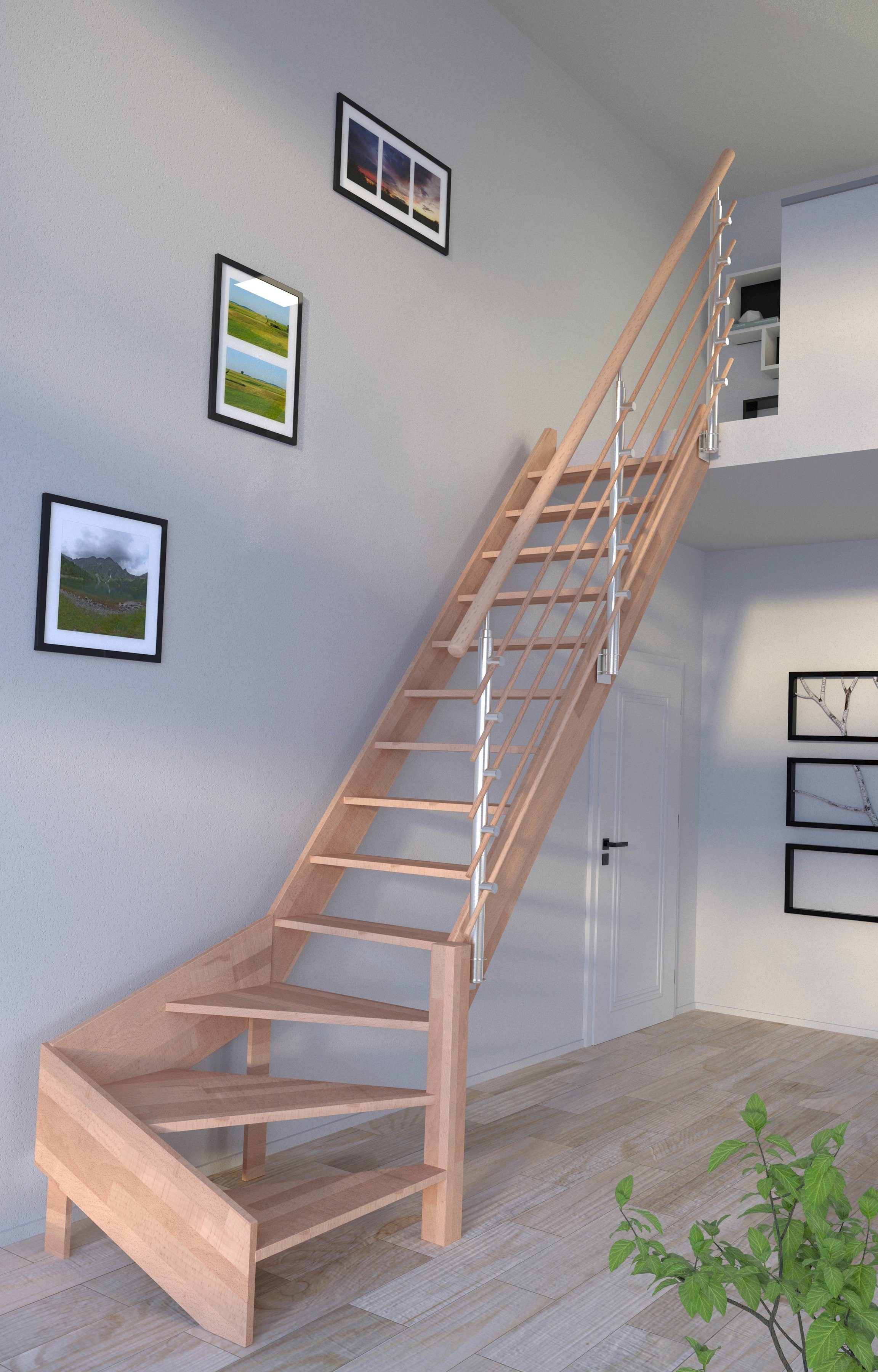 Starwood Raumspartreppe Massivholz Rhodos, Design-Geländer Holzrundstäbe, für Geschosshöhen bis 300 cm, Stufen offen, gewendelt Rechts, Durchgehende Wangenteile
