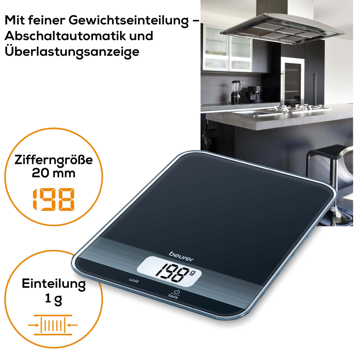Beurer Küchenwaage KS 19 Black-Küchenwaage mit edler, schwarzen Glasoberfläche & Tarafunktion