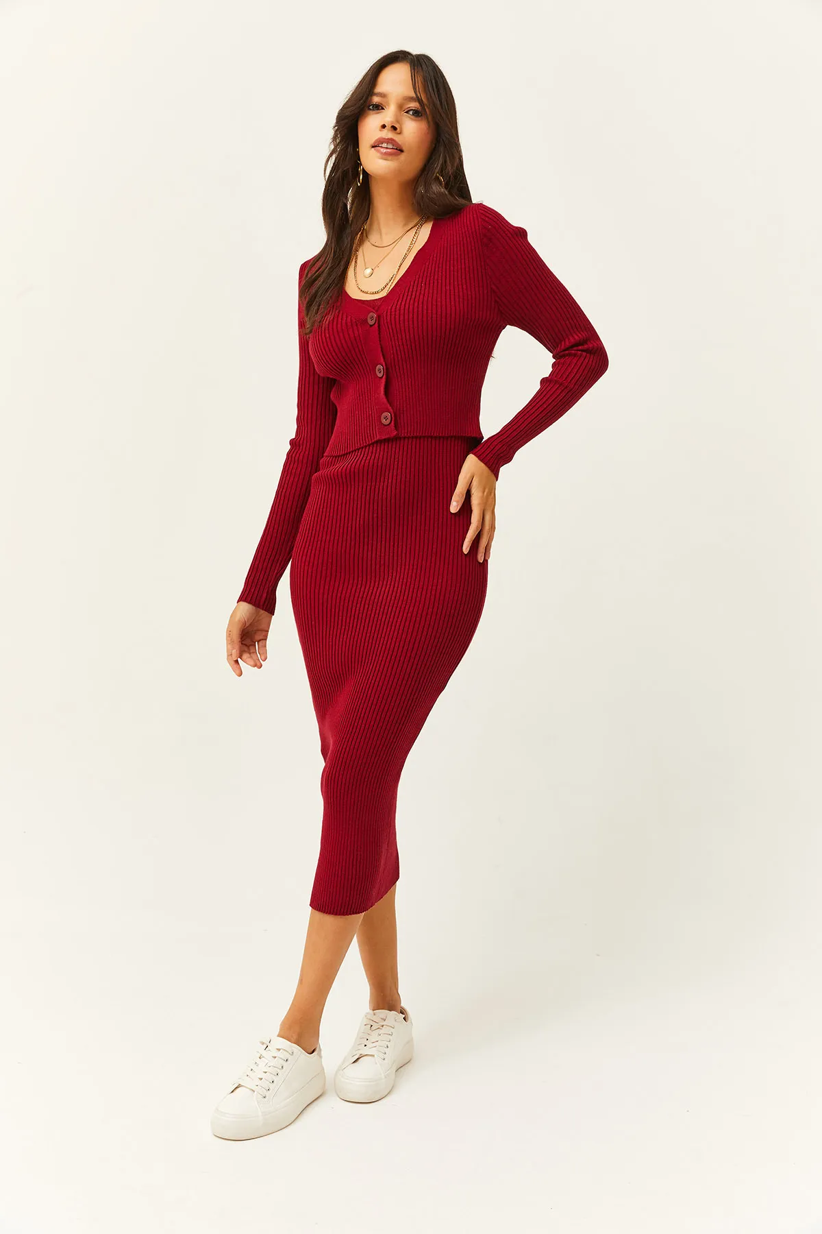 Olalook  Zweiteiliger Strickanzug für Damen in Burgunderrot, Strickjacke, TKM-19000223